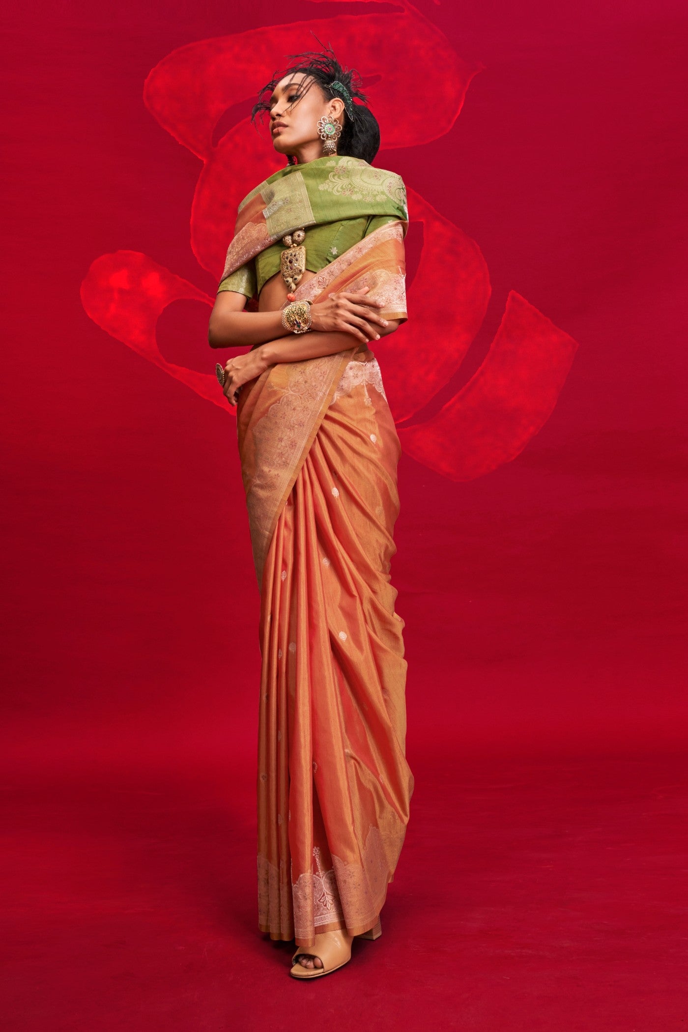 MySilkLove Apricot Orange Tussar Handloom Silk Saree