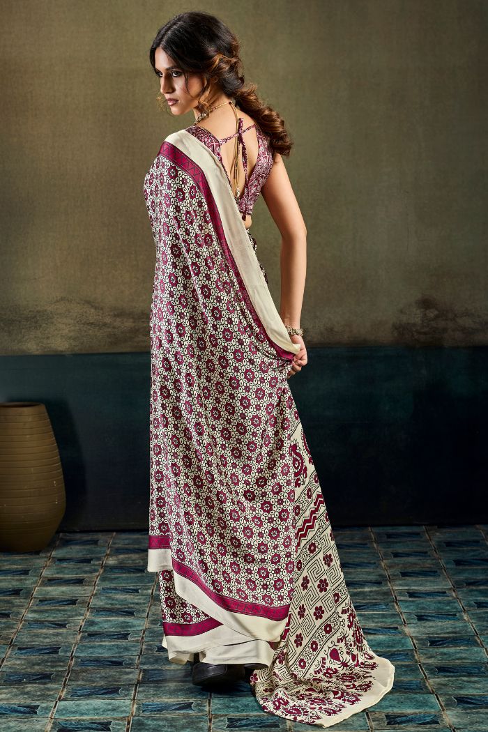 Buy MySilkLove Salt Cream and Maroon Modal Ajrakh Satin Printed Silk Saree Online