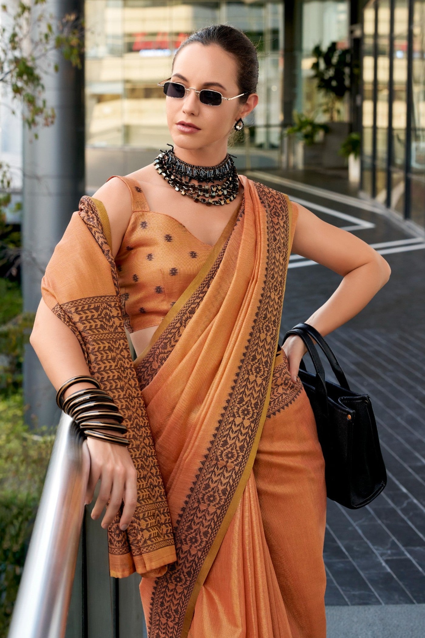 Buy MySilkLove Tiget Orange Linen Tissue Silk Saree Online