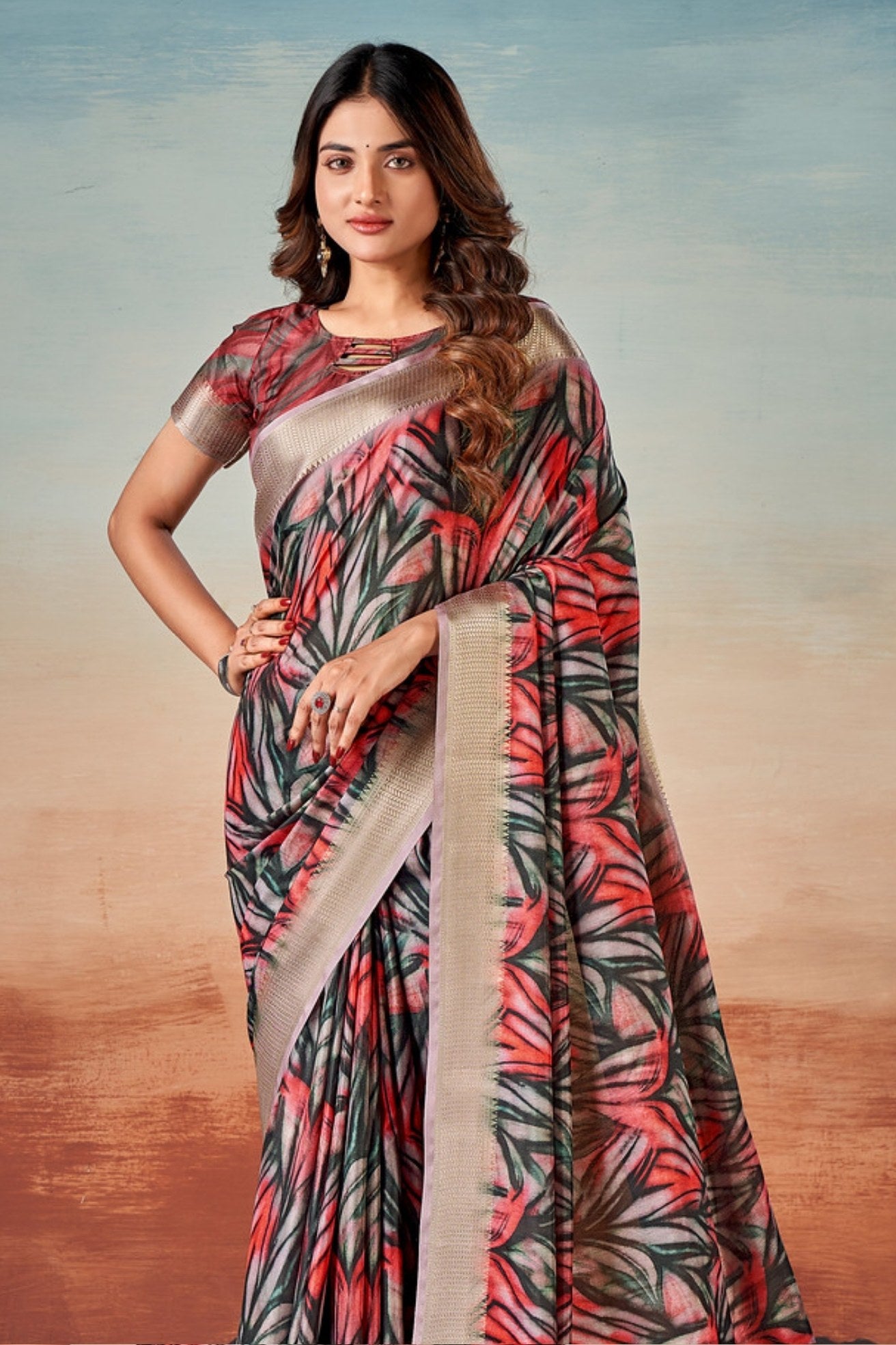 Buy MySilkLove Chilli Red and Black Banarasi Digital Printed Saree Online