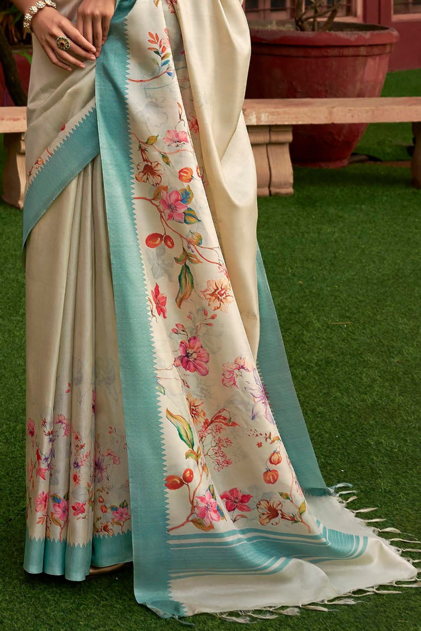 Buy MySilkLove Albescent White and Blue Digital Printed Banarasi Saree Online