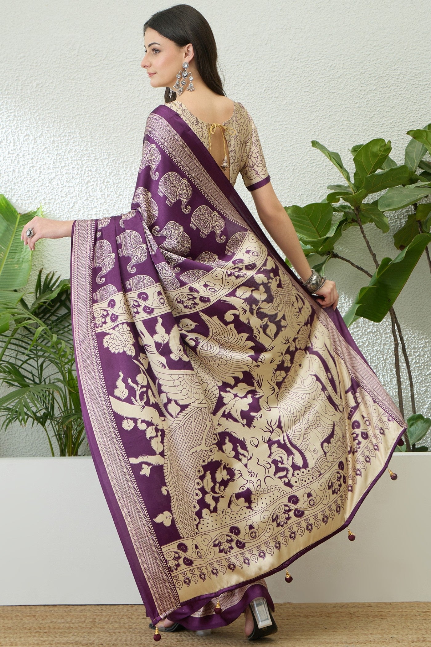Buy MySilkLove Thistle Purple Ajrakh Printed Satin Crepe Silk Saree Online