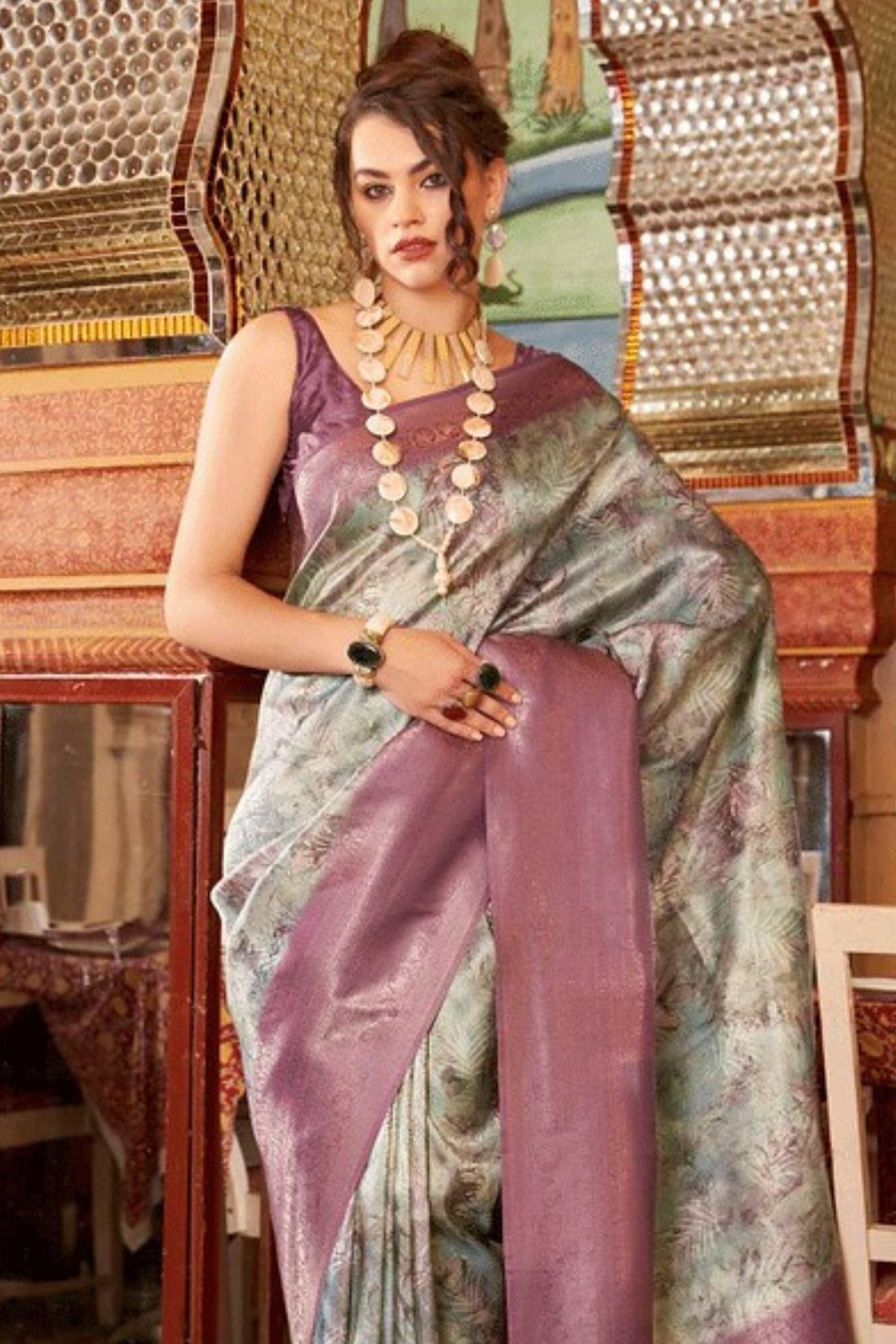 Buy MySilkLove Cement Grey Banarasi Digital Printed Saree Online