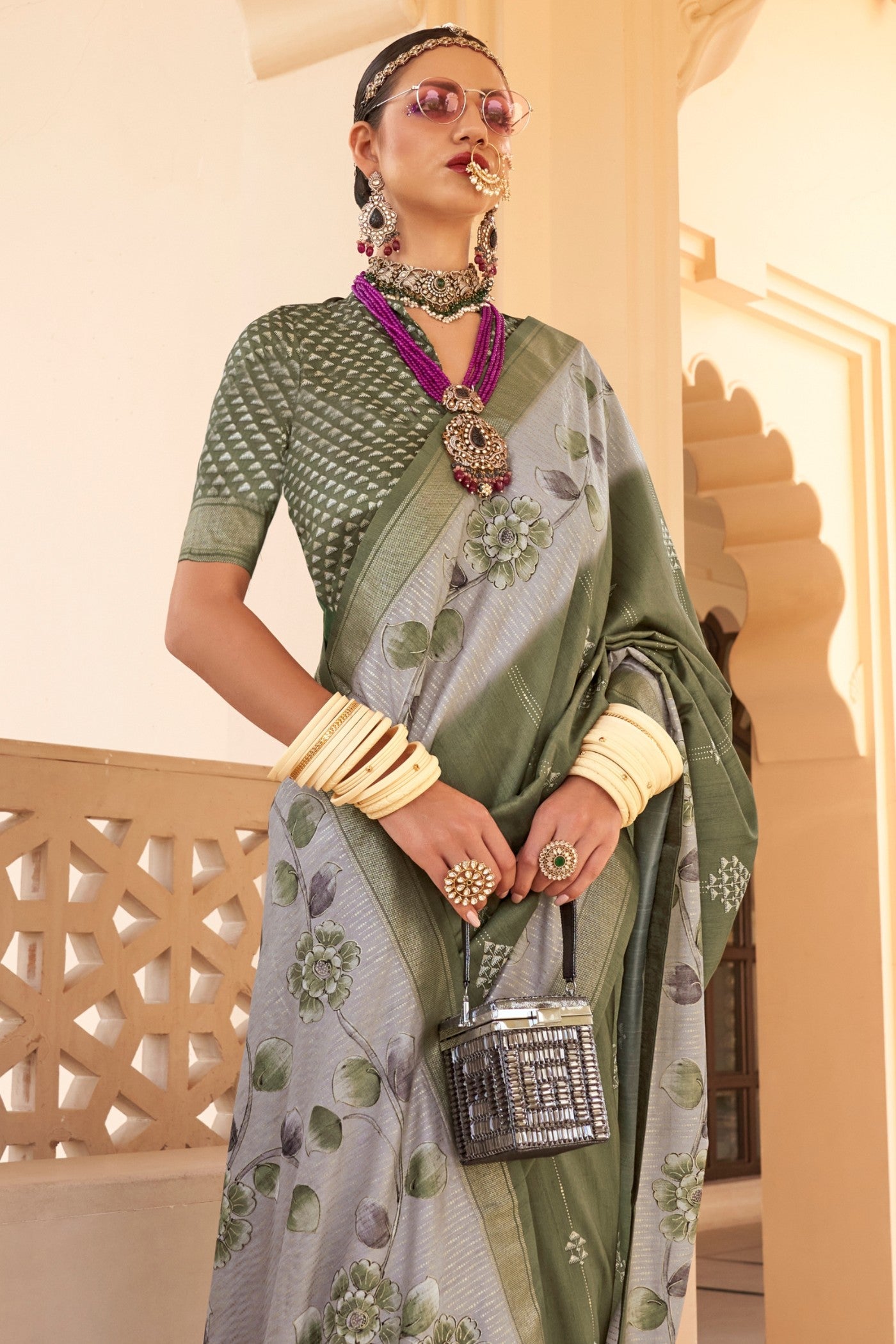 Buy MySilkLove Zorba Grey Floral Printed Banarasi Saree Online