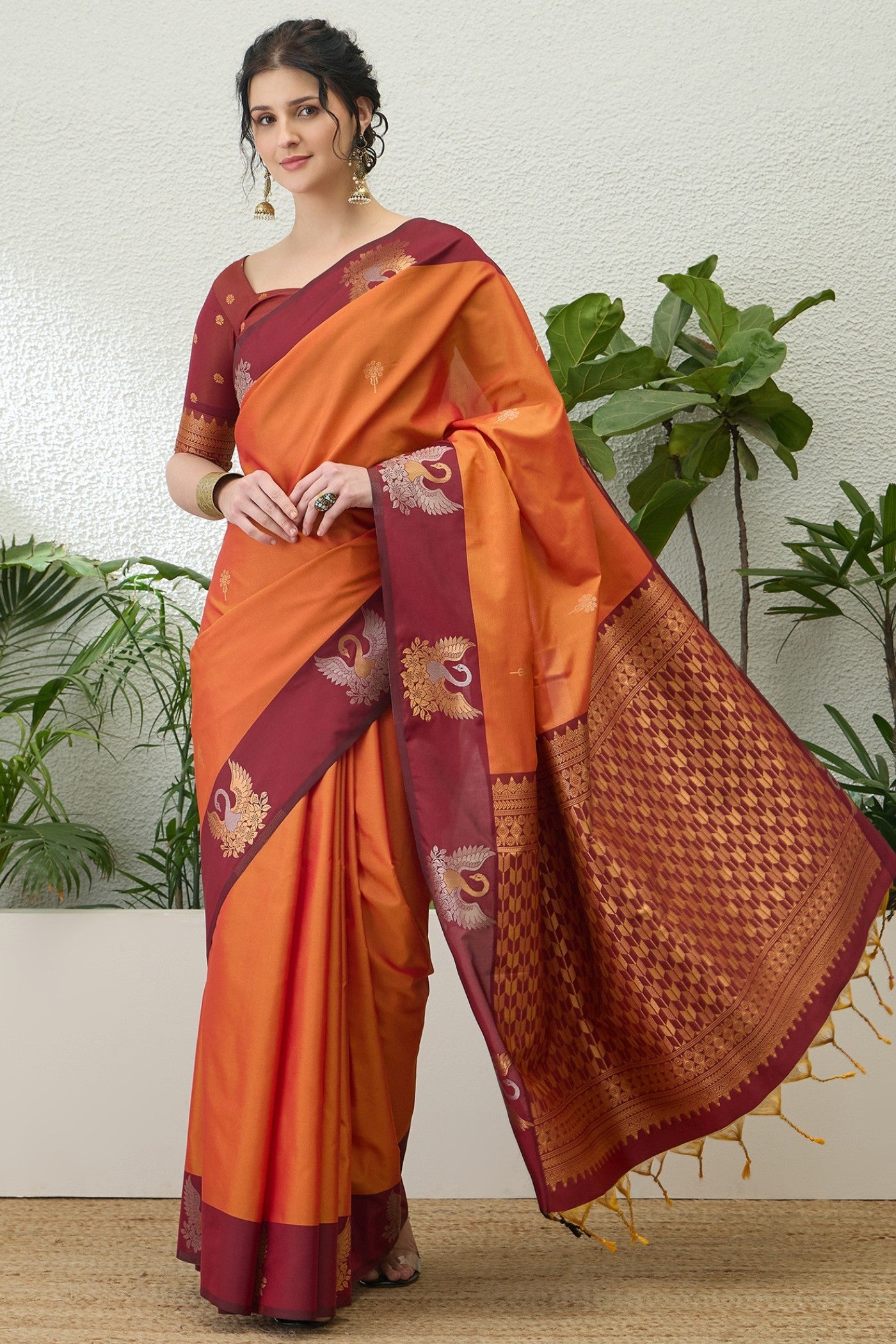 Buy MySilkLove Melon Orange Banarasi Handloom Soft Silk Saree Online