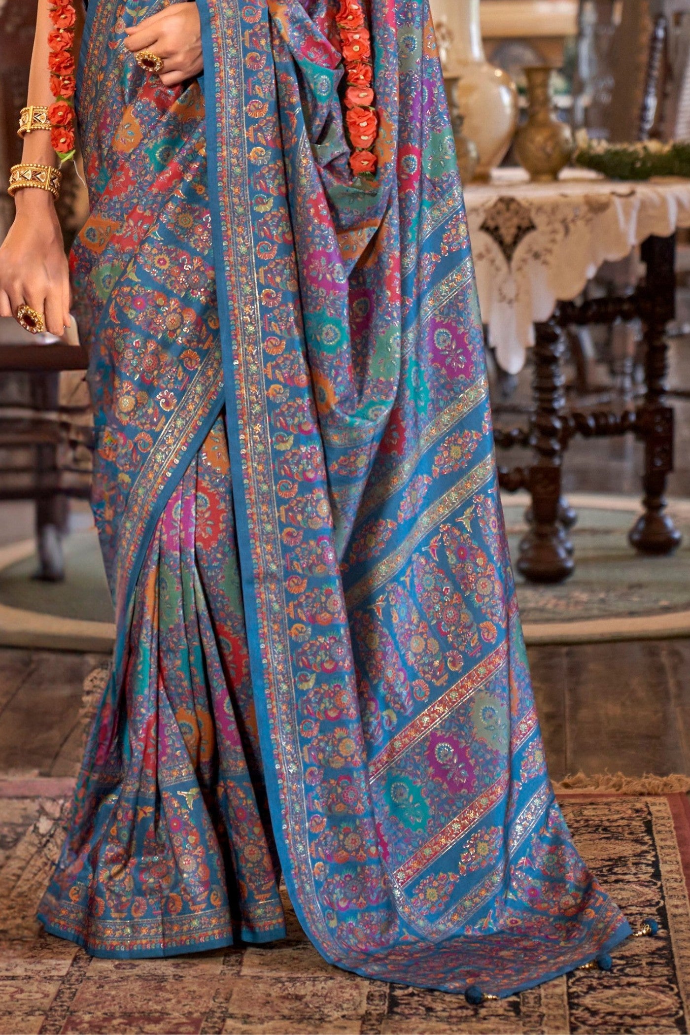 Buy MySilkLove Mulled Blue Printed Jamewar Saree Online