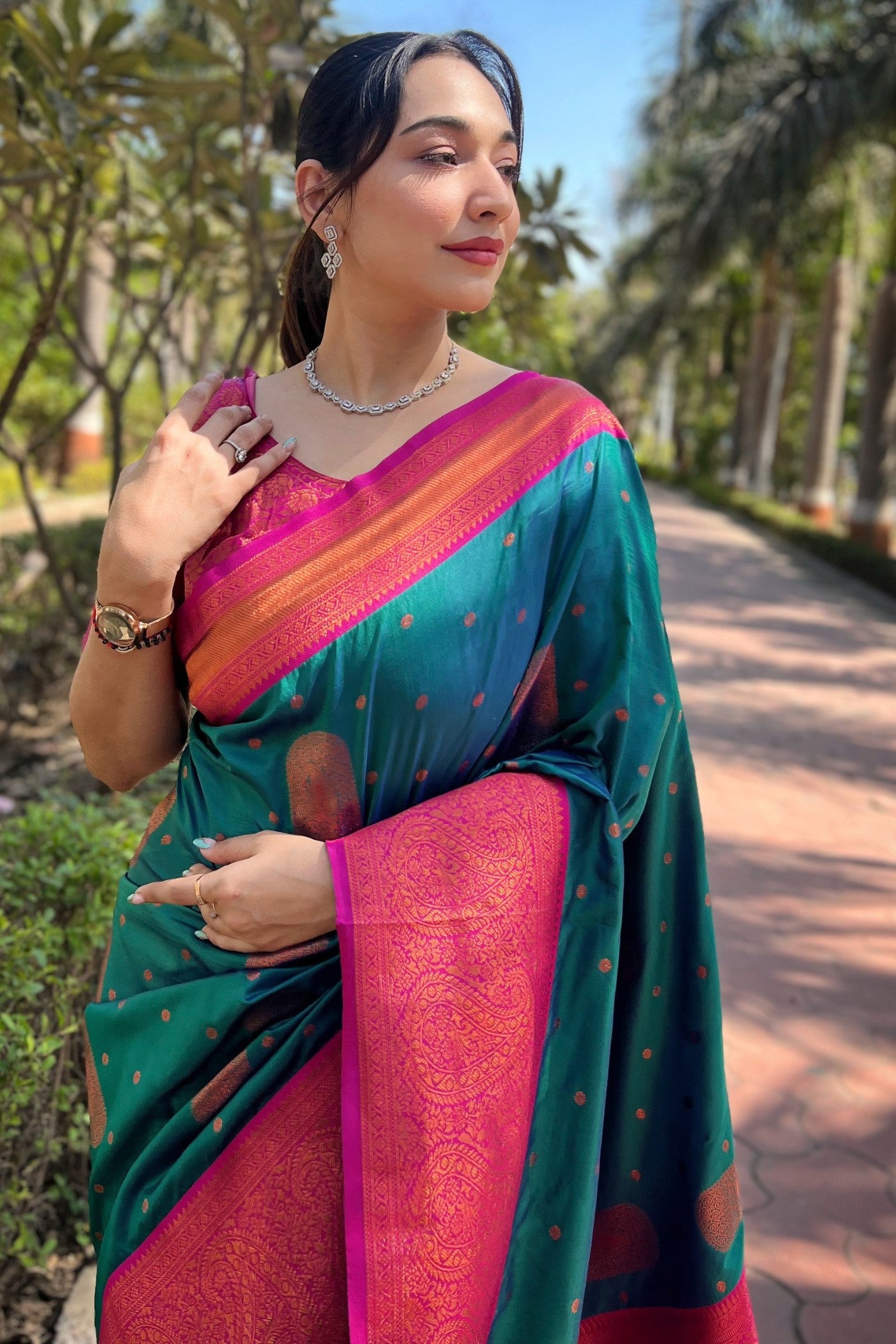 Buy MySilkLove Metallic Seaweed Blue and Pink Zari Woven Banarasi Saree Online