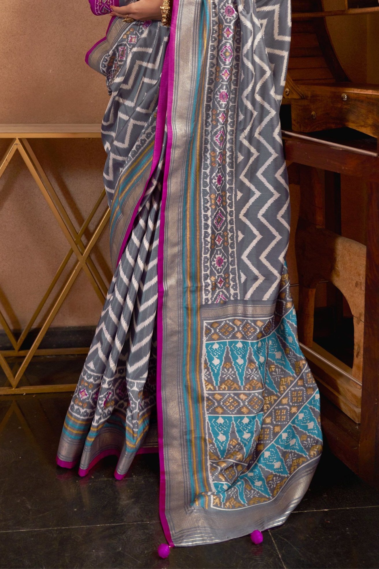 Buy MySilkLove Nobel Grey Printed Patola Saree Online