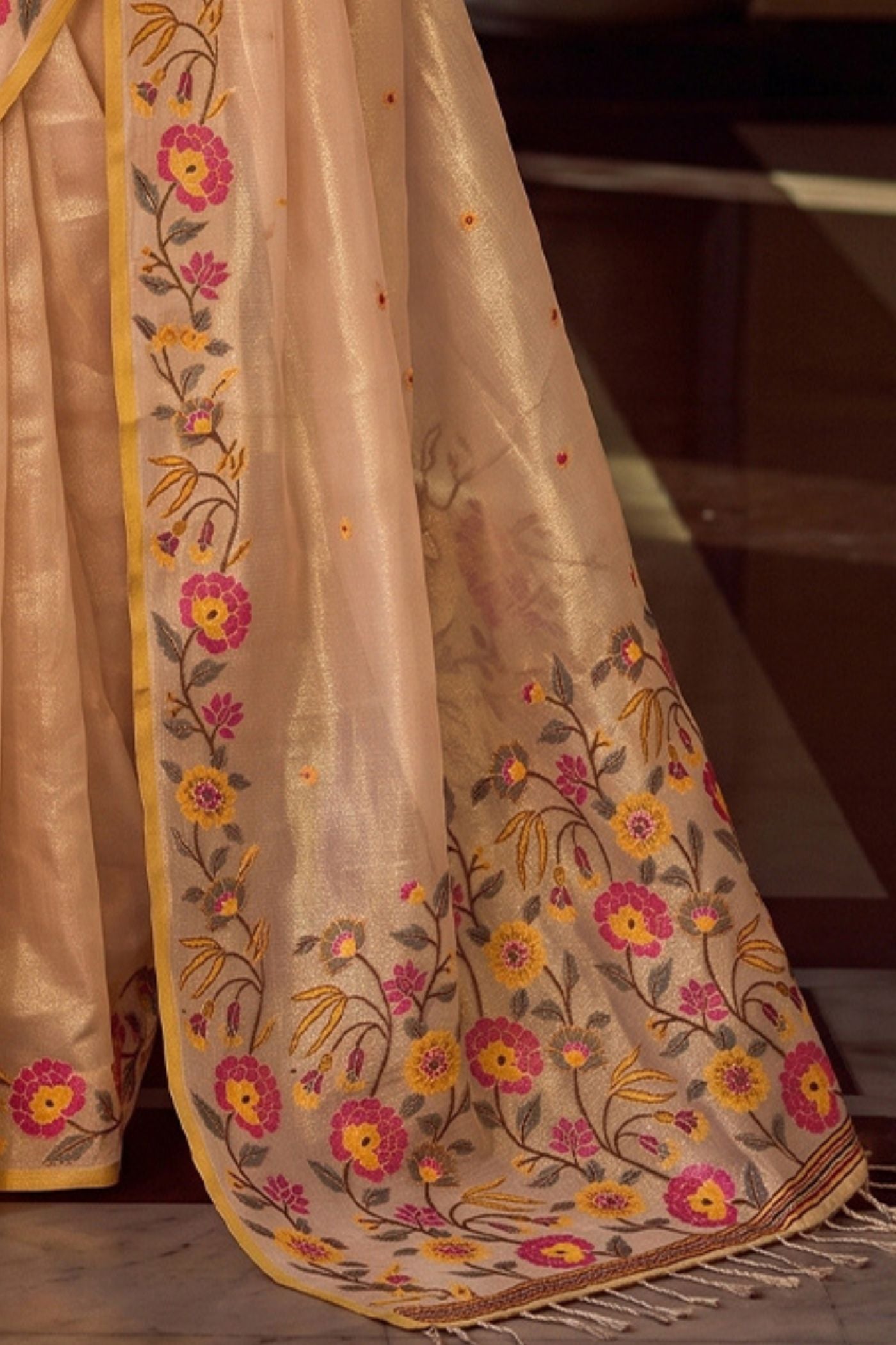 Buy MySilkLove Ecru Cream Woven Floral Tissue Saree Online