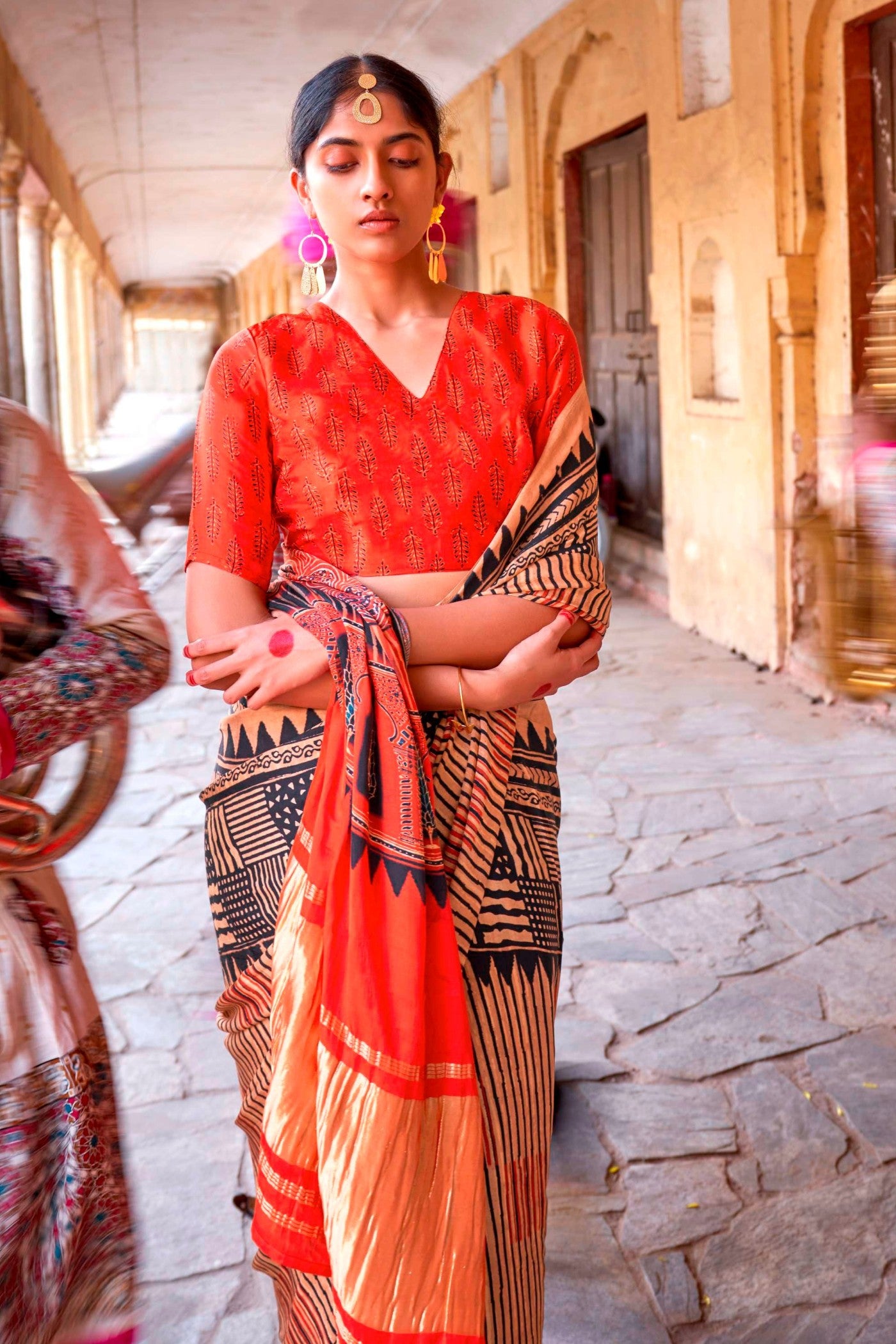 MySilkLove Tacao Peach Ajrakh Handprinted Satin Saree