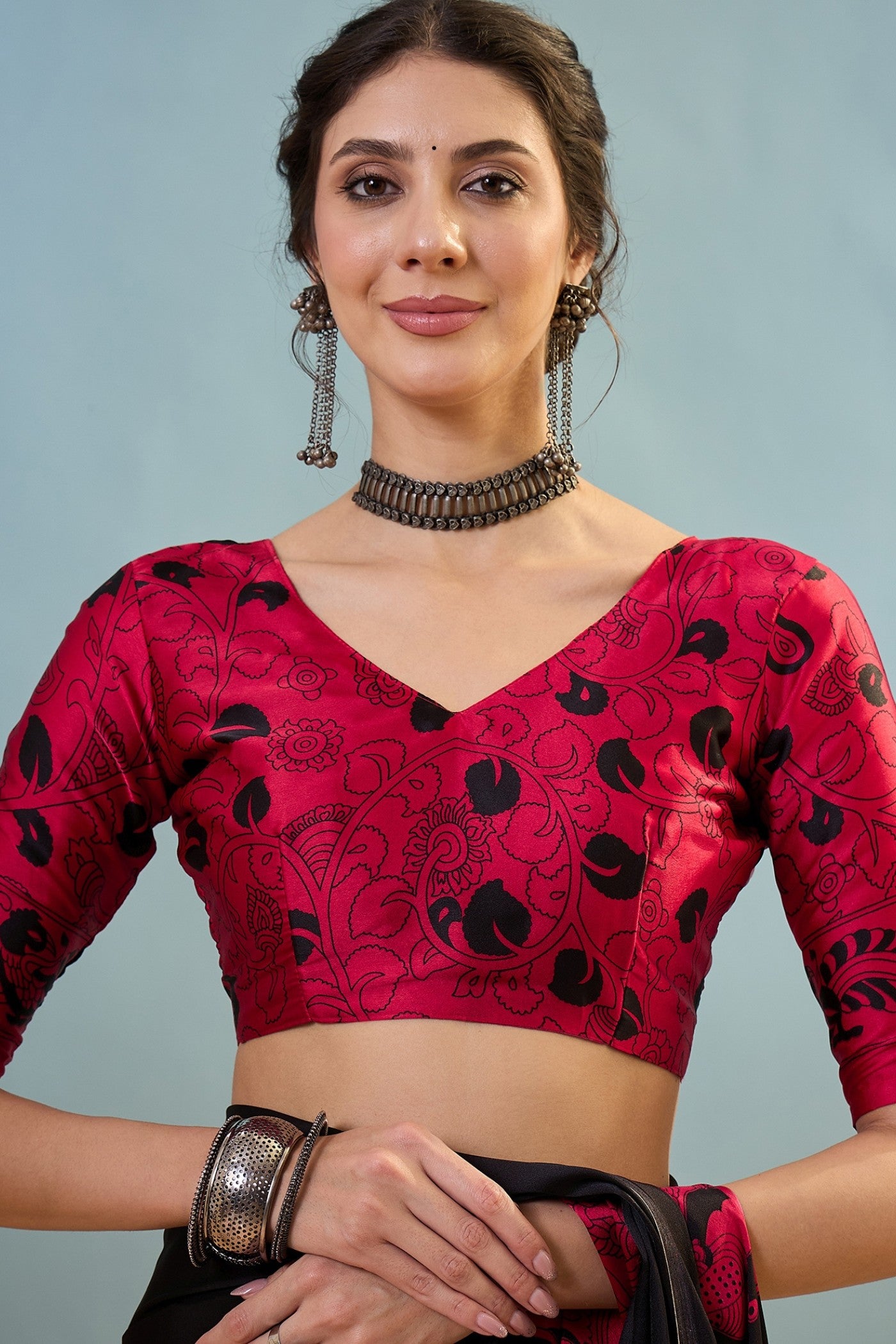 Buy MySilkLove Charleston Black Ajrakh Printed Satin Crepe Silk Saree Online