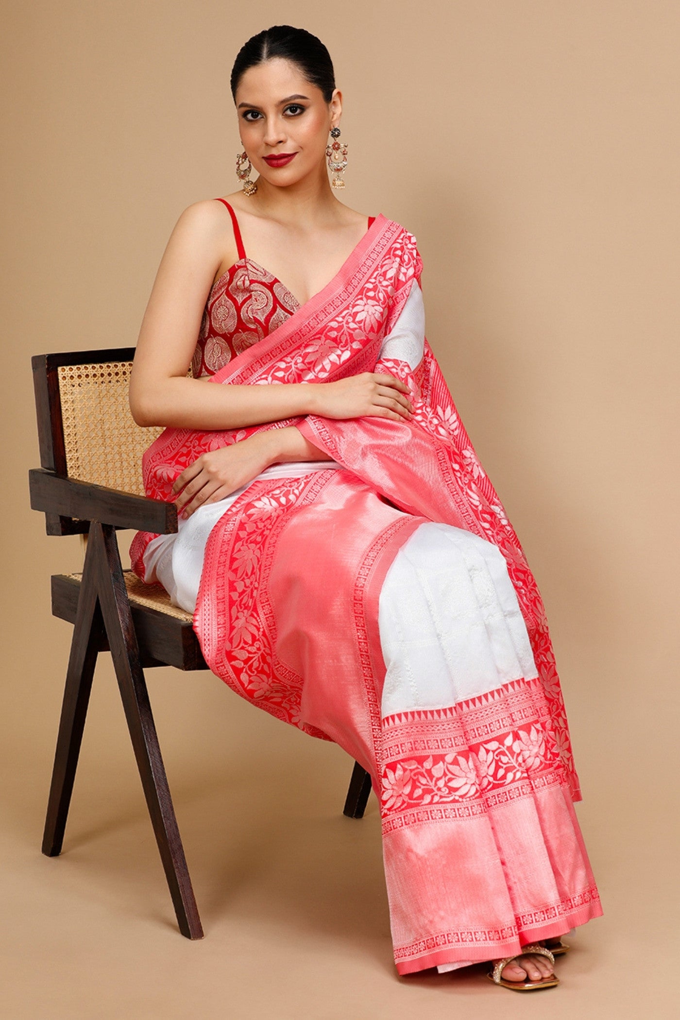 MySilkLove Snow White and Pink Woven Jacquard Lichi Silk Saree