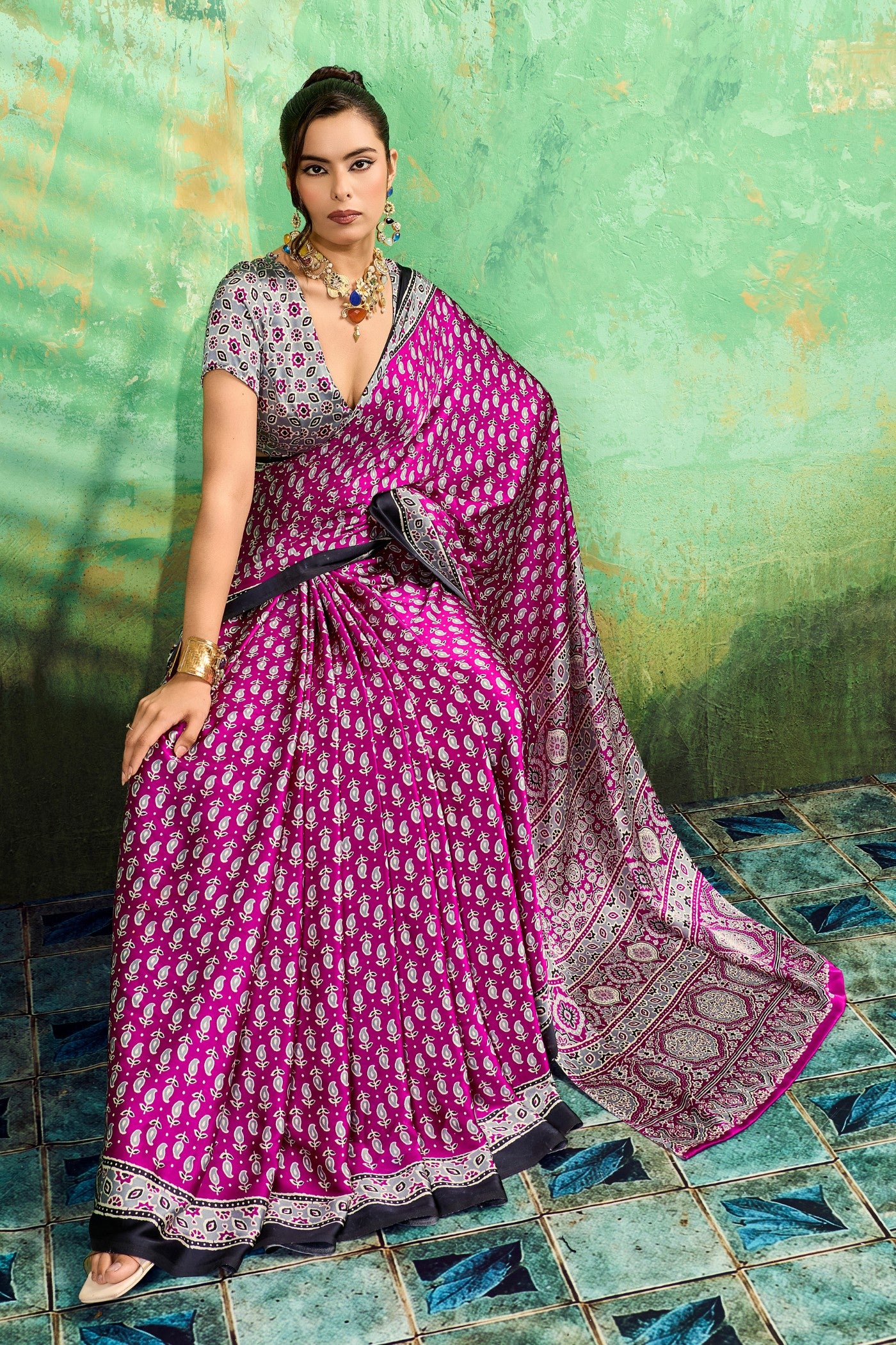 Buy MySilkLove Eminence Purple Modal Ajrakh Satin Printed Silk Saree Online