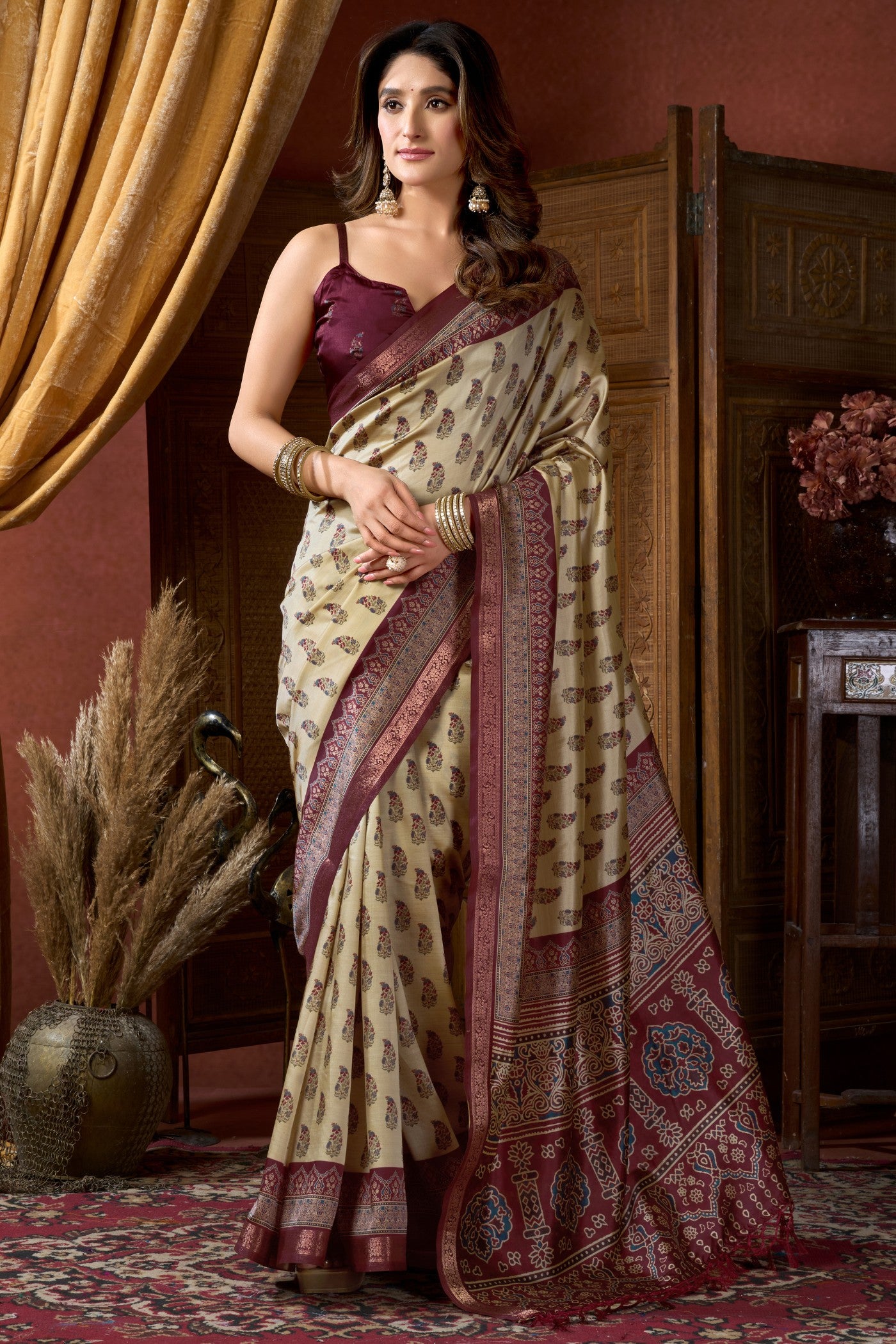 Buy MySilkLove Ancient Cream Ajrakh Printed Saree Online