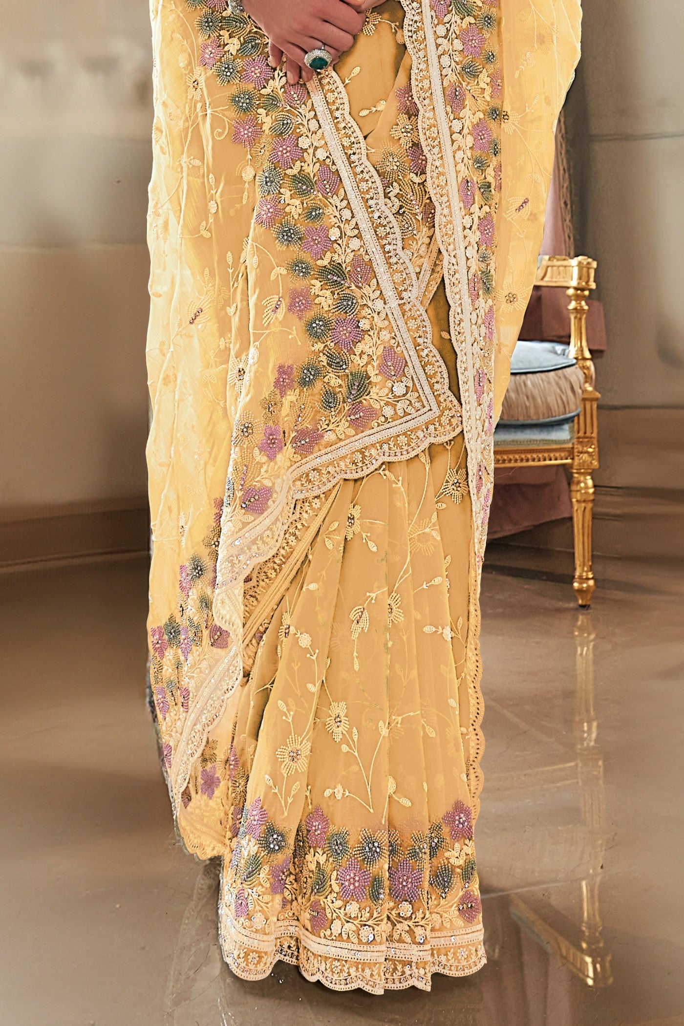 Buy MySilkLove Rajah Yellow Embroidery Designer Saree Online