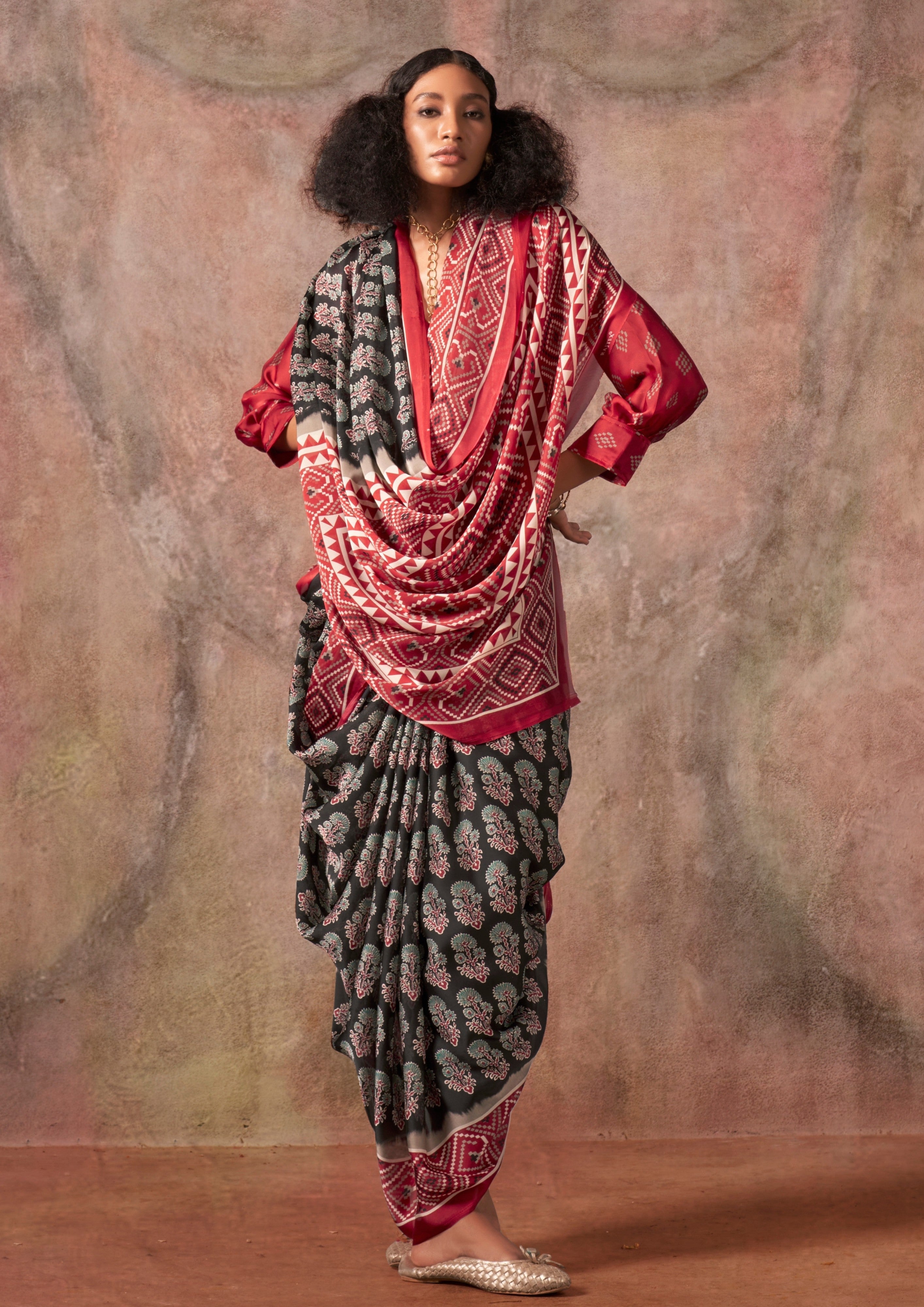 MySilkLove Aged Black and Maroon Ajrakh Printed Satin Georgette Silk Saree