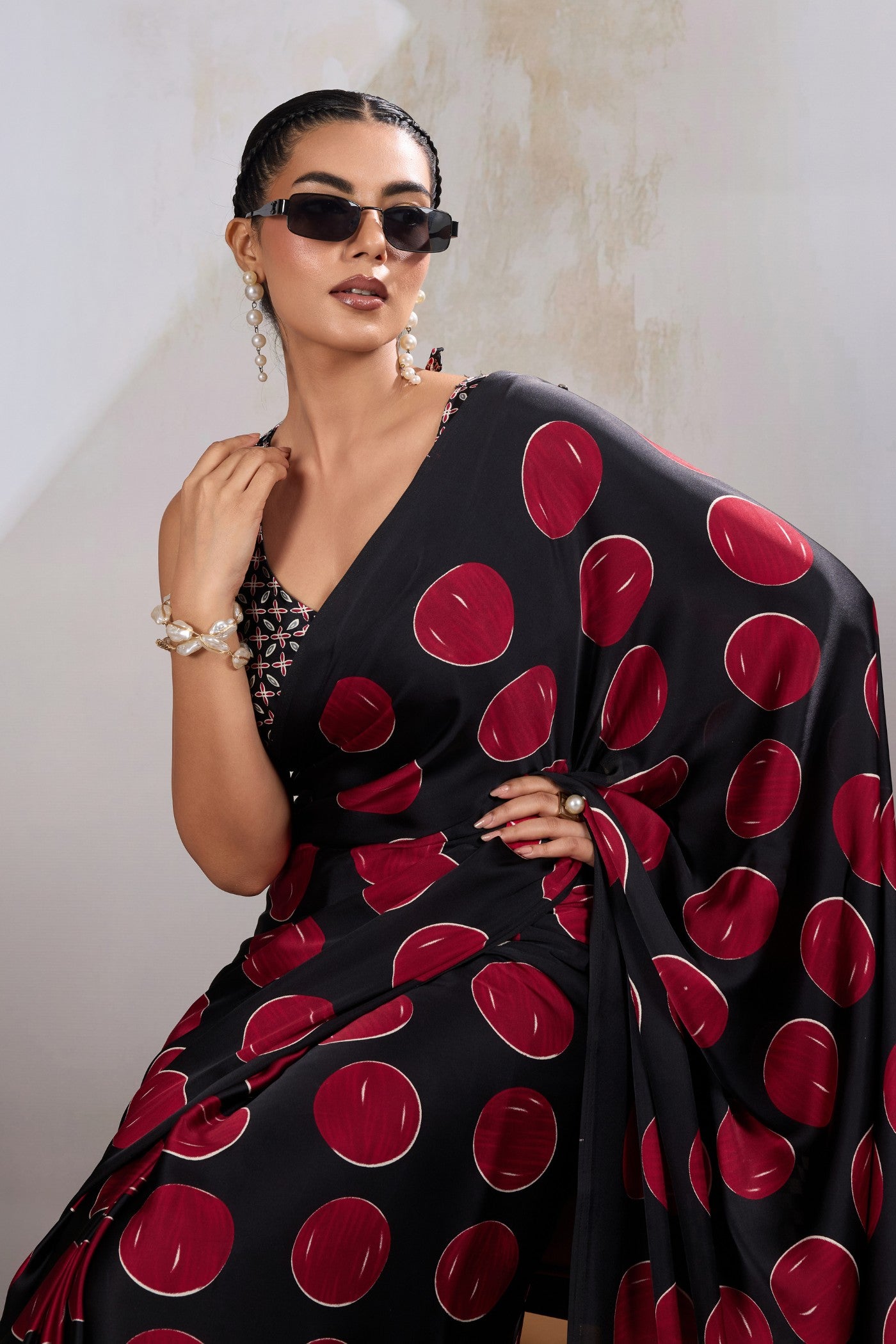 MySilkLove Brink Red Printed Polka Dots Satin Crepe Saree