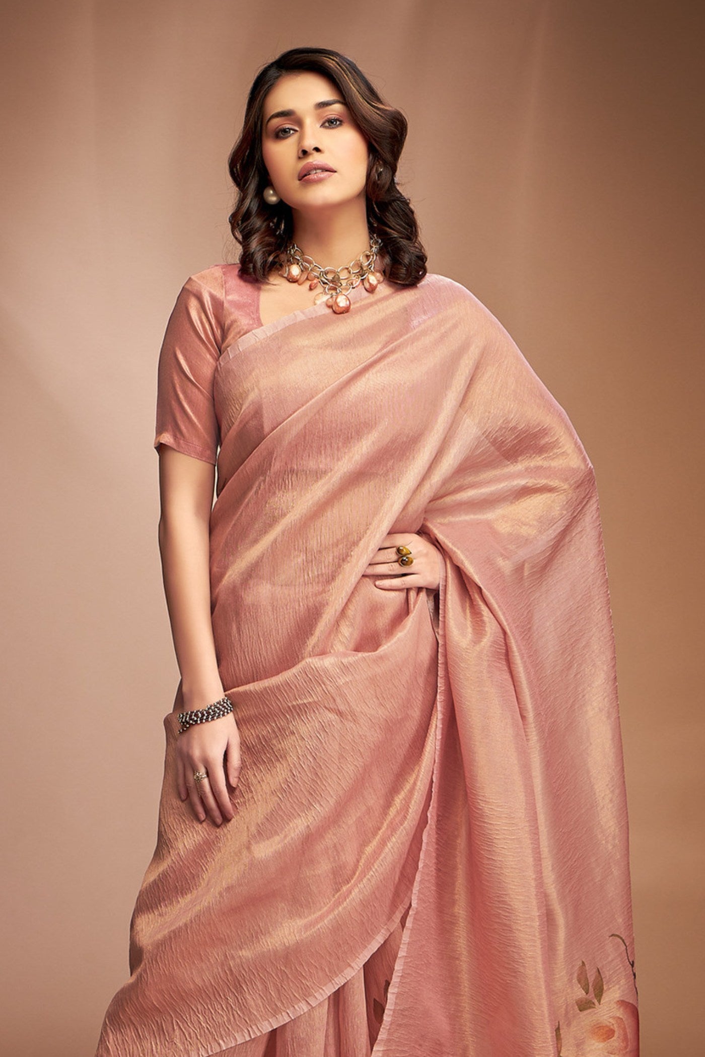 Buy MySilkLove Tiffany Peach Printed Tissue Saree Online