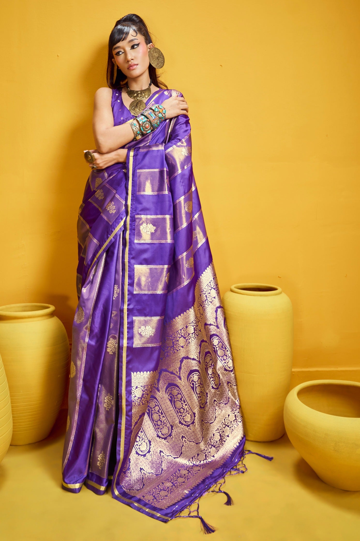 Buy MySilkLove Deep Purple Banarasi Handloom Satin Silk Saree Online