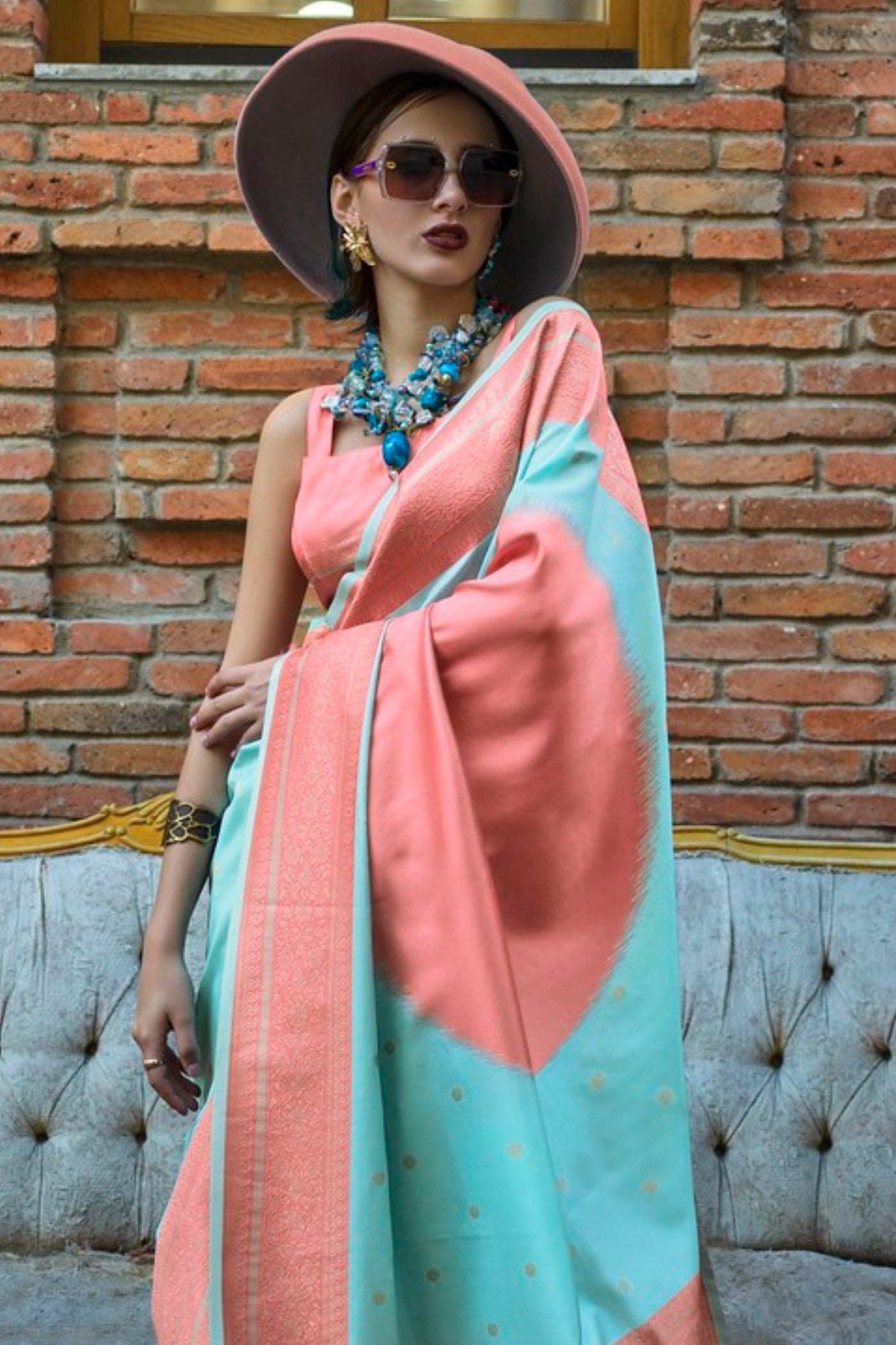 Buy MySilkLove Winter Blue and Peach Banarasi Handloom Saree Online