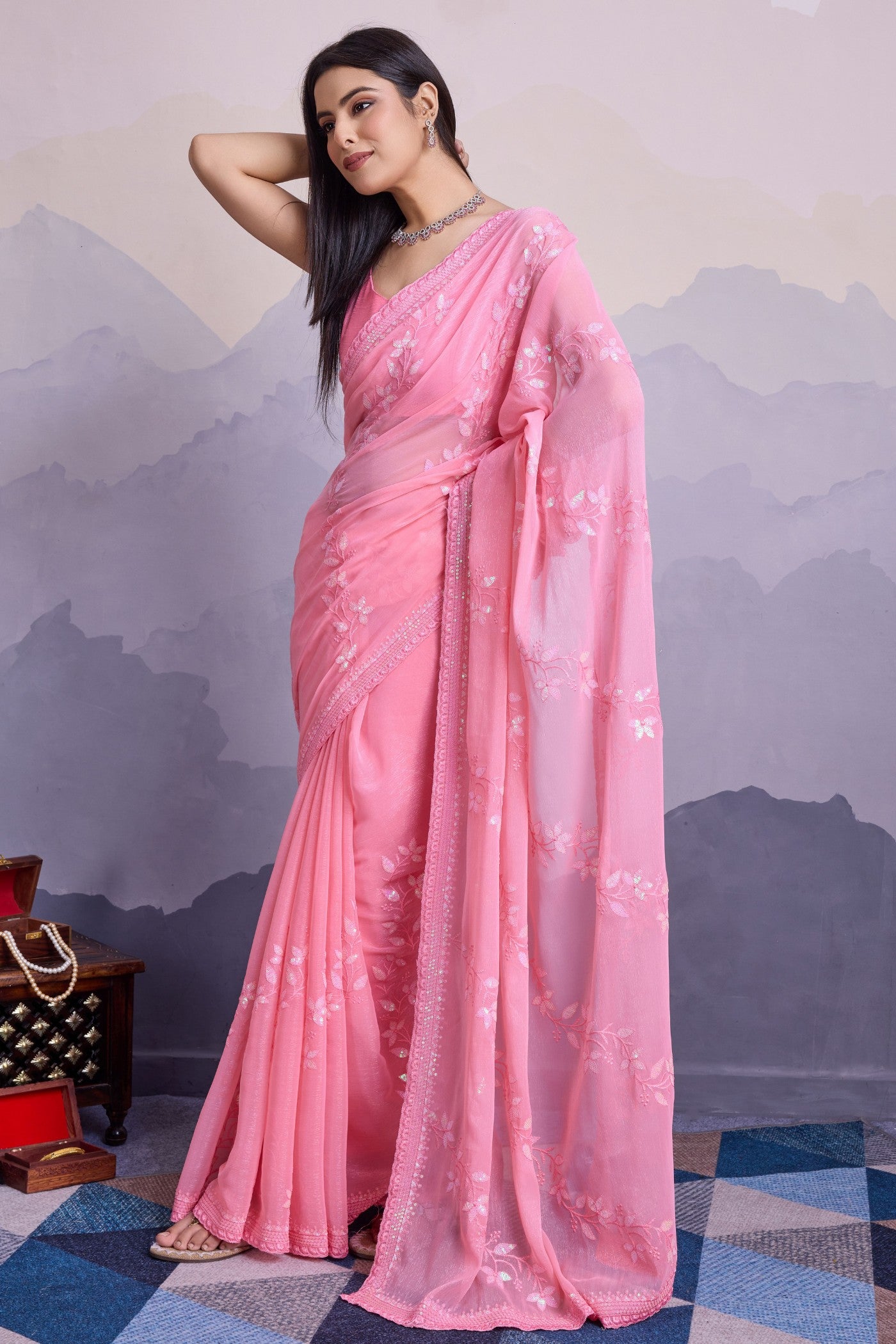 MySilkLove Creamy Pink Embroidered Designer Chiffon Saree