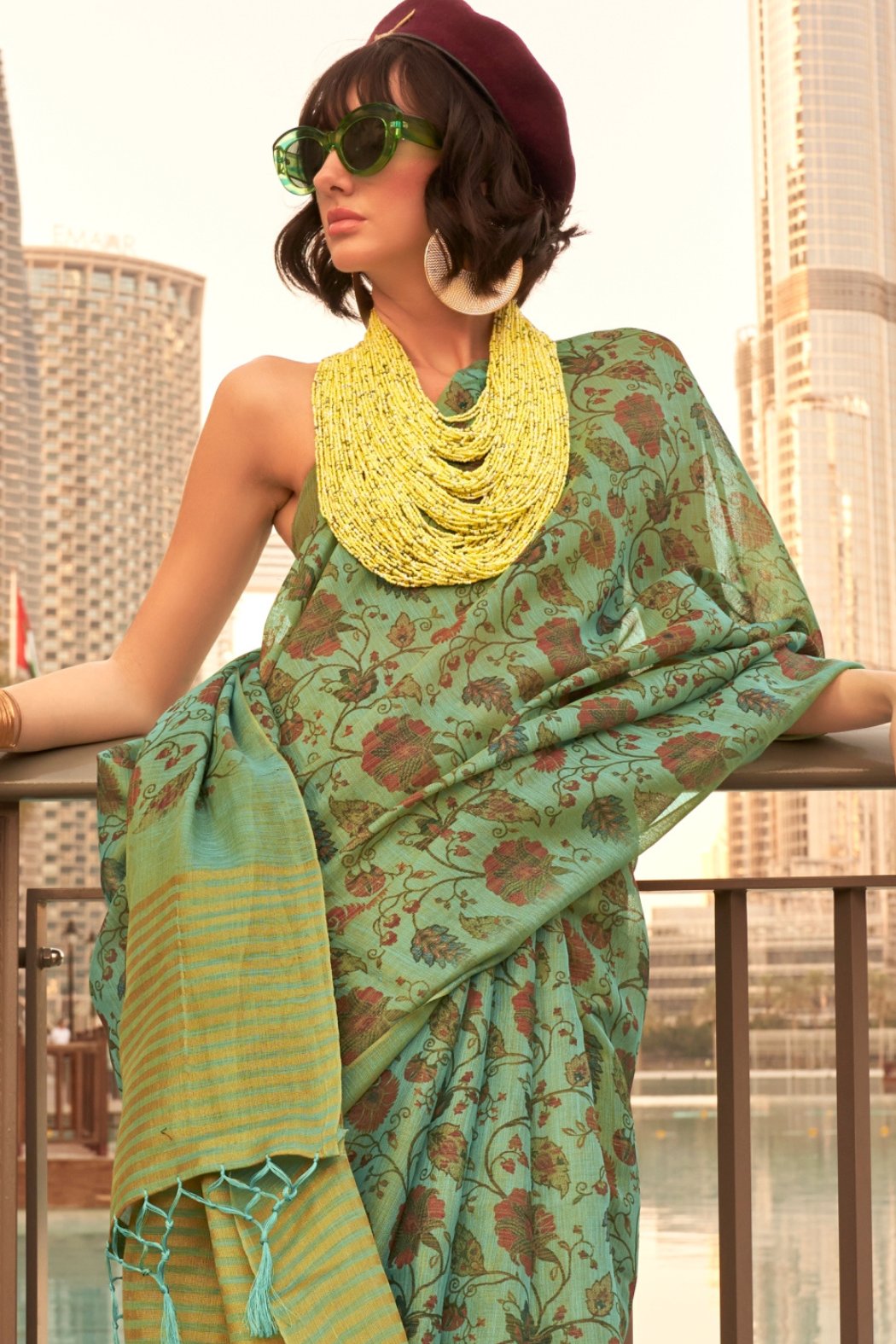 Buy MySilkLove Sage Green Printed Tissue Saree Online