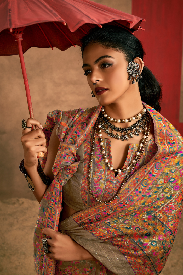 Buy MySilkLove Khaki Brown Kashmiri Handloom Jamewar Saree Online