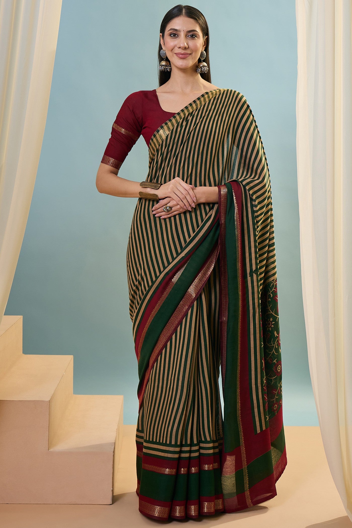 Buy MySilkLove Army Green Woven Cotton Saree Online