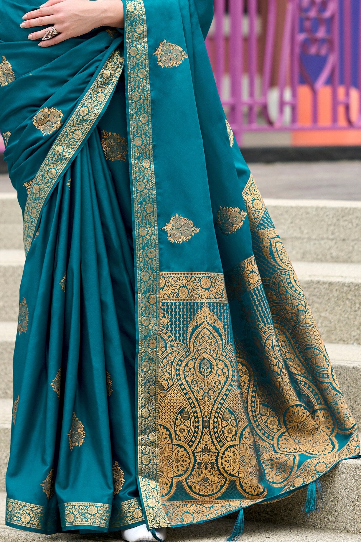 Buy MySilkLove Mosque Blue Banarasi Handloom Satin Saree Online