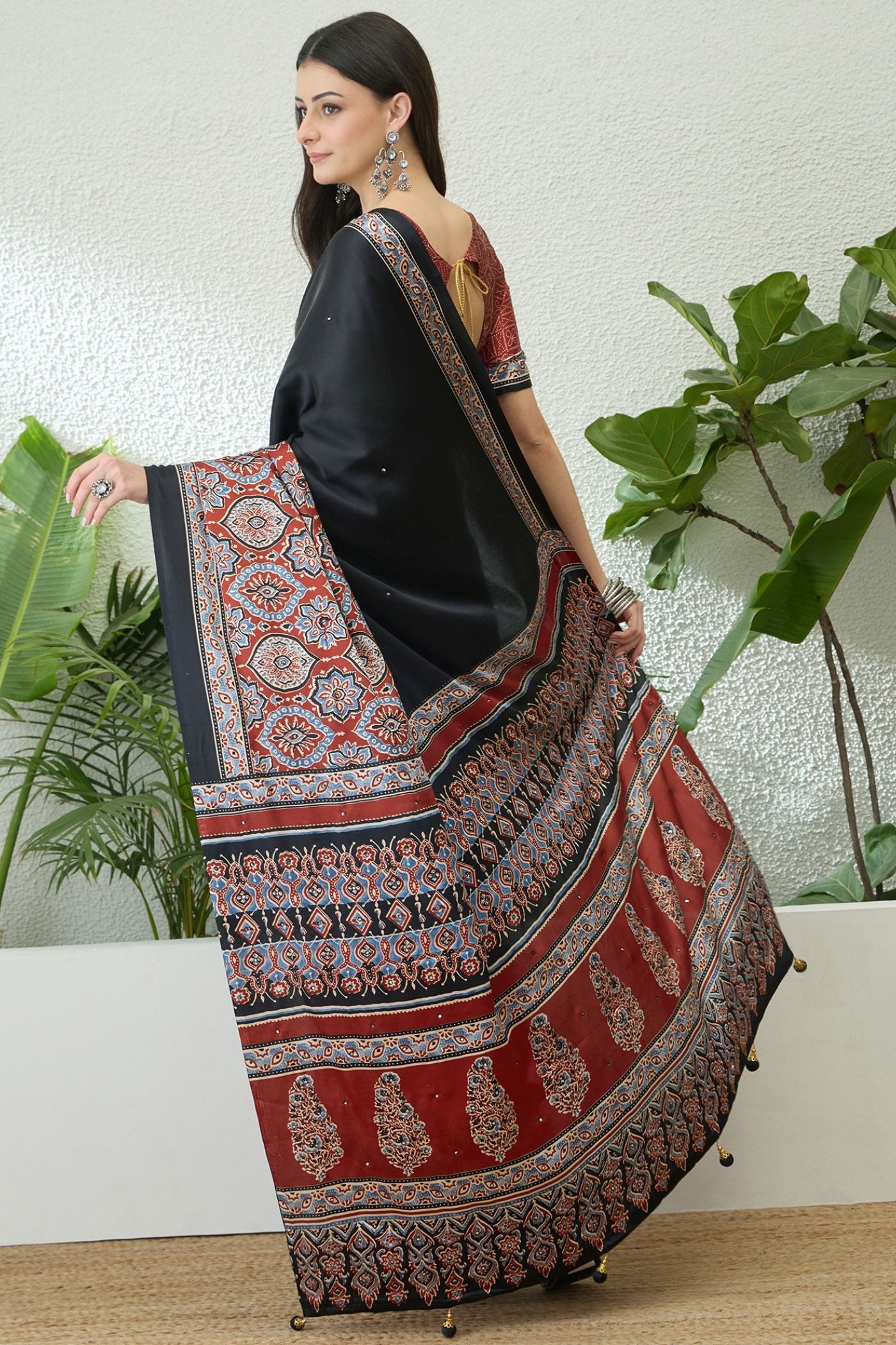 Buy MySilkLove Jet Black and Red Modal Ajrakh Satin Printed Silk Saree Online