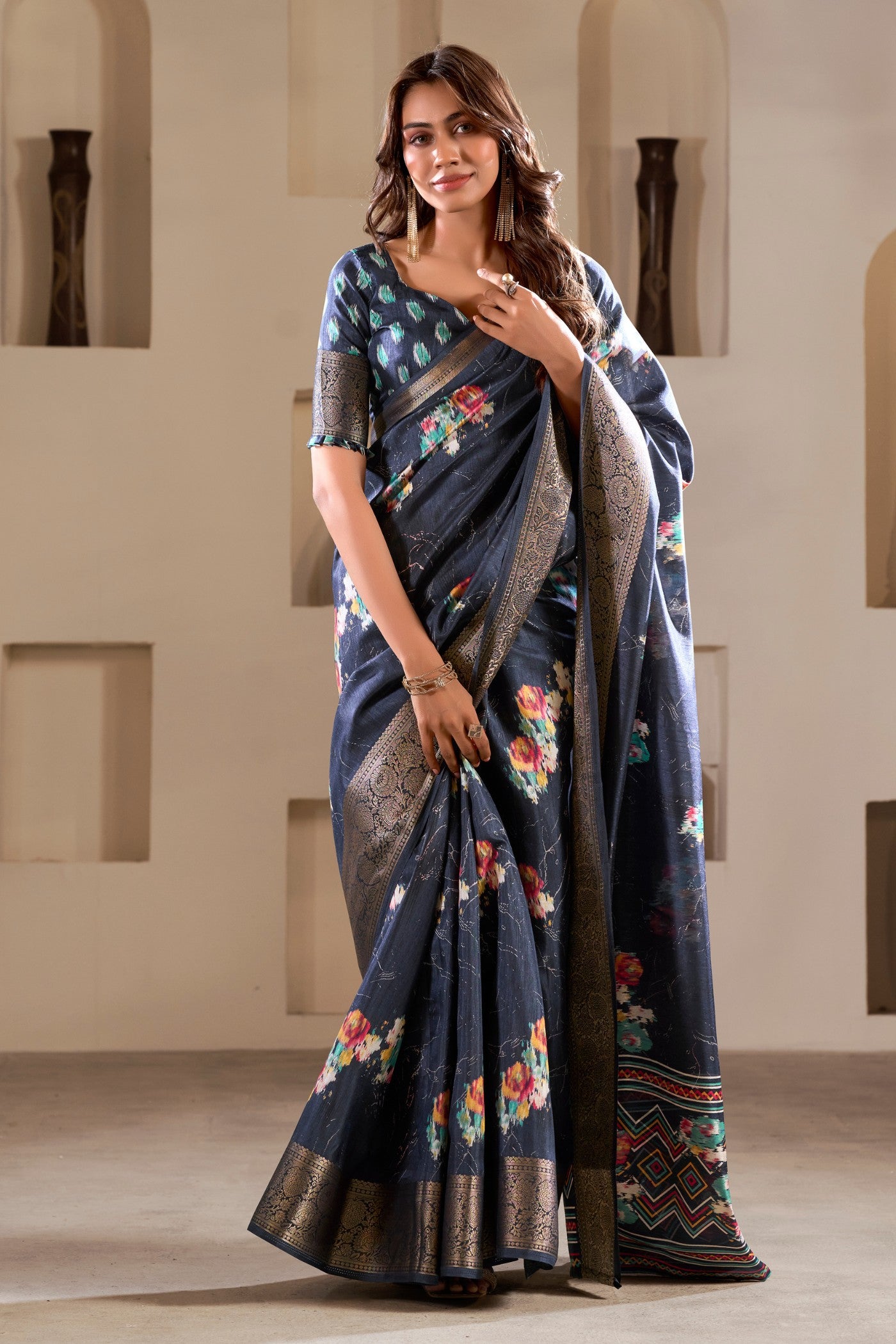 Buy MySilkLove Nevada Blue Printed Soft Dola Silk Saree Online