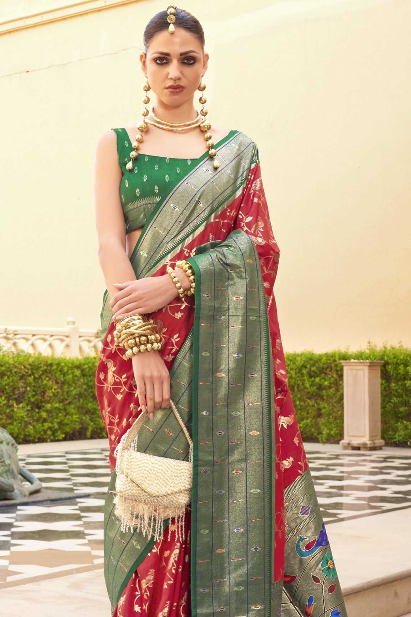 Buy MySilkLove Fire Red and Green Woven Paithani Designer Saree Online