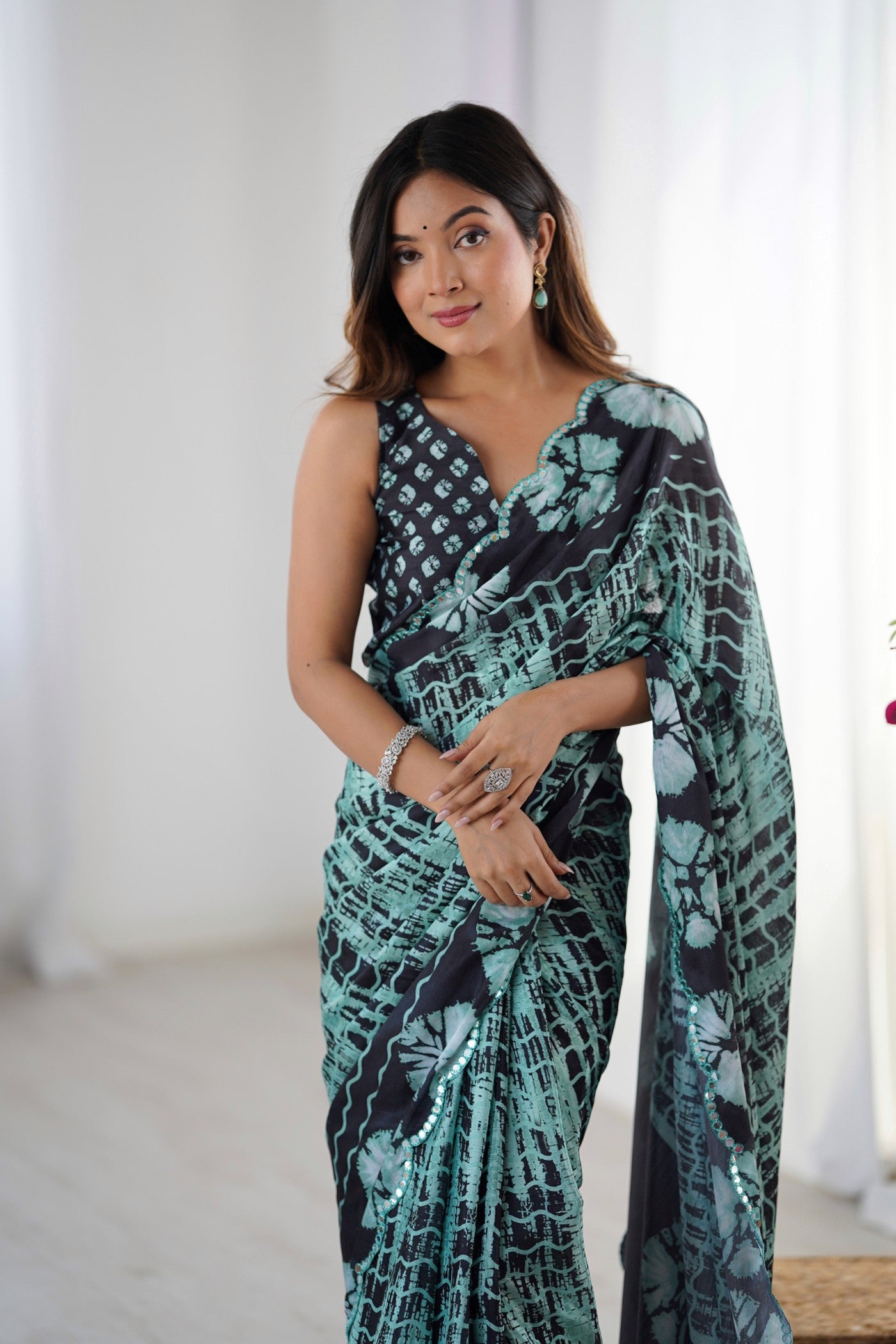 MySilkLove Como Green Chinon Partywear Saree