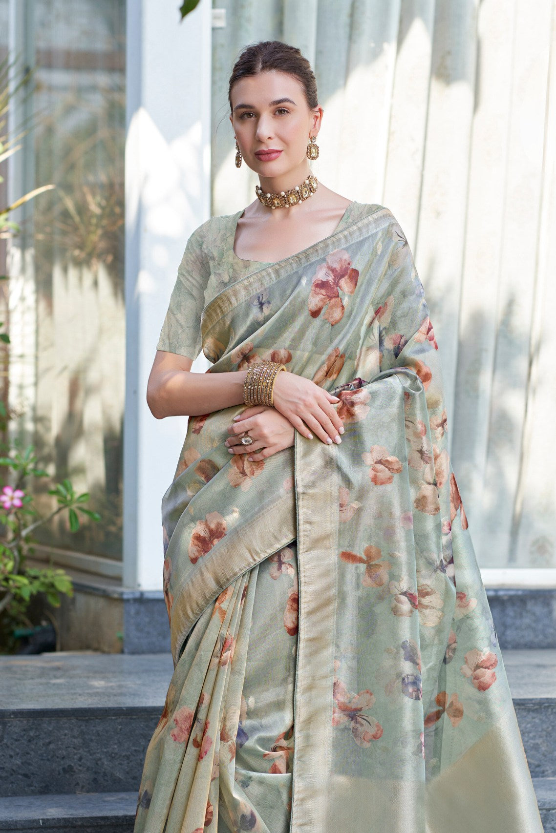 Buy MySilkLove Pumice Grey Digital Printed Organza Saree Online