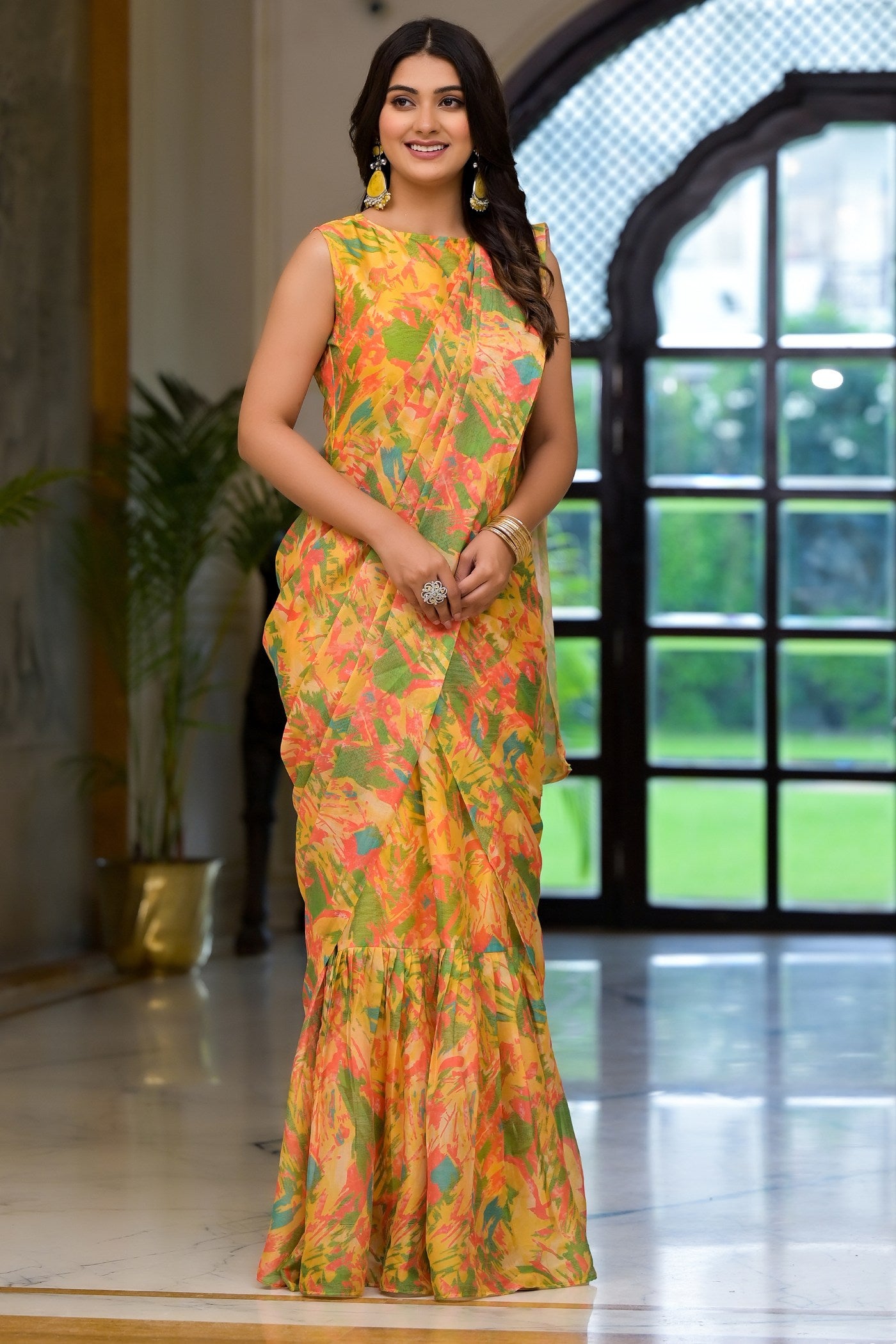 Buy MySilkLove Tulip Yellow Ready To Wear Gown Style Georgette Saree Online