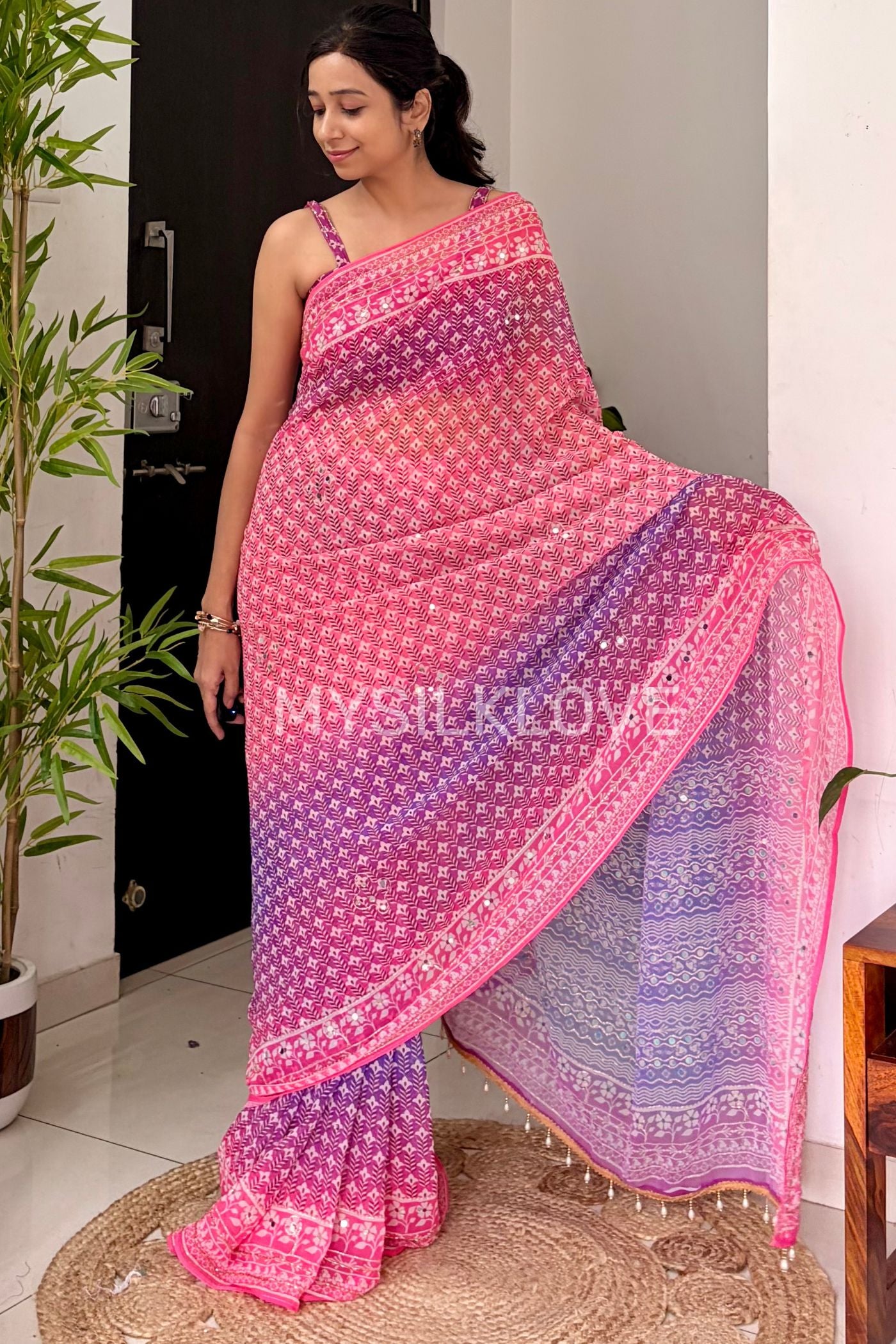 Buy MySilkLove Baby Pink and Purple Ajrakh Georgette Mirror Work Saree Without Blouse Online