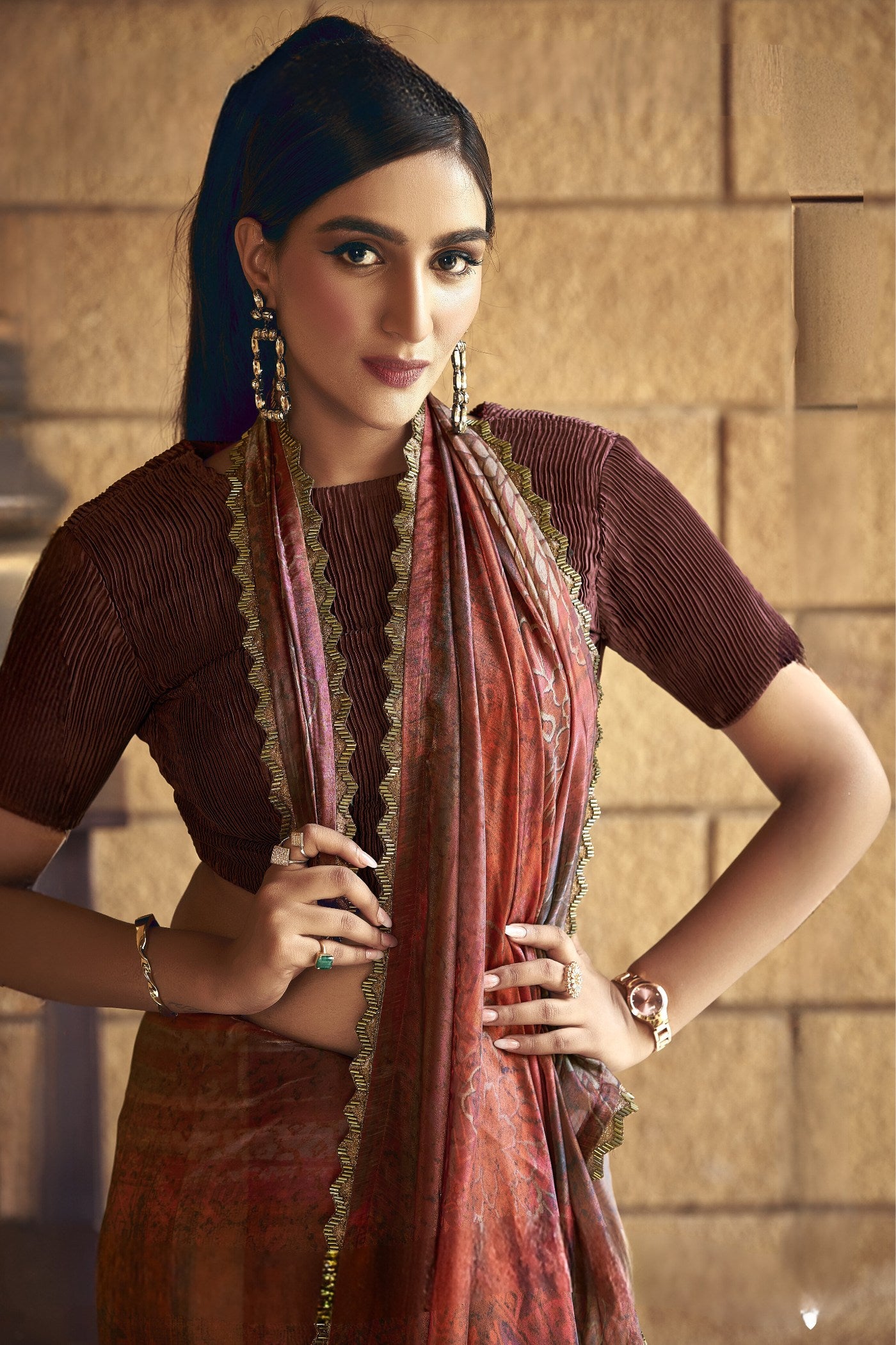 Buy MySilkLove Ironstone Brown Satin Printed Silk Saree Online