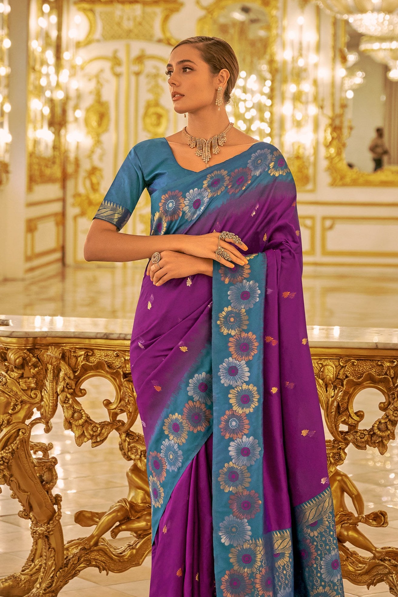 Buy MySilkLove Plum Purple and Blue Woven Banarasi Saree Online