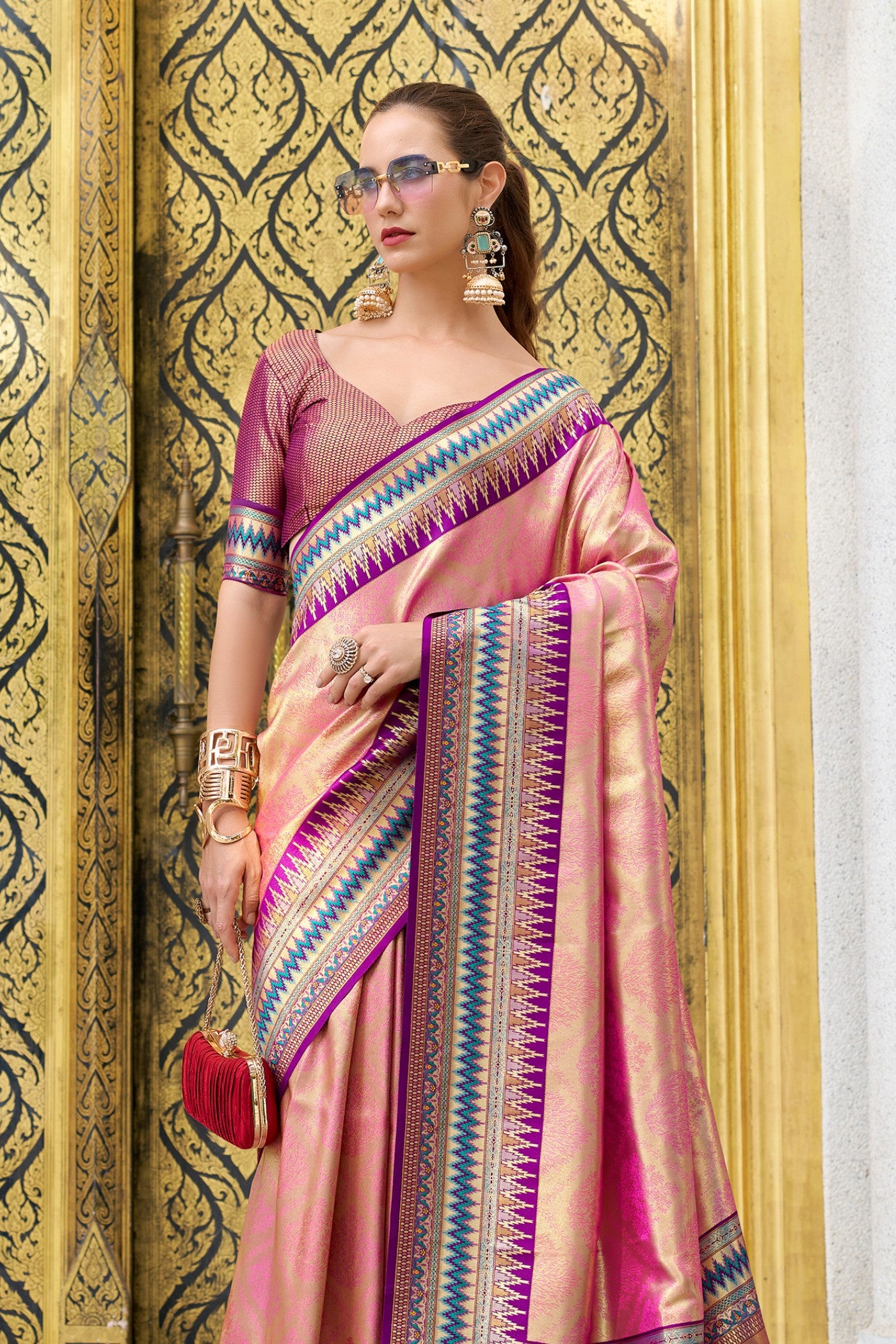 Buy MySilkLove Rouge Pink Tissue Handloom Saree Online