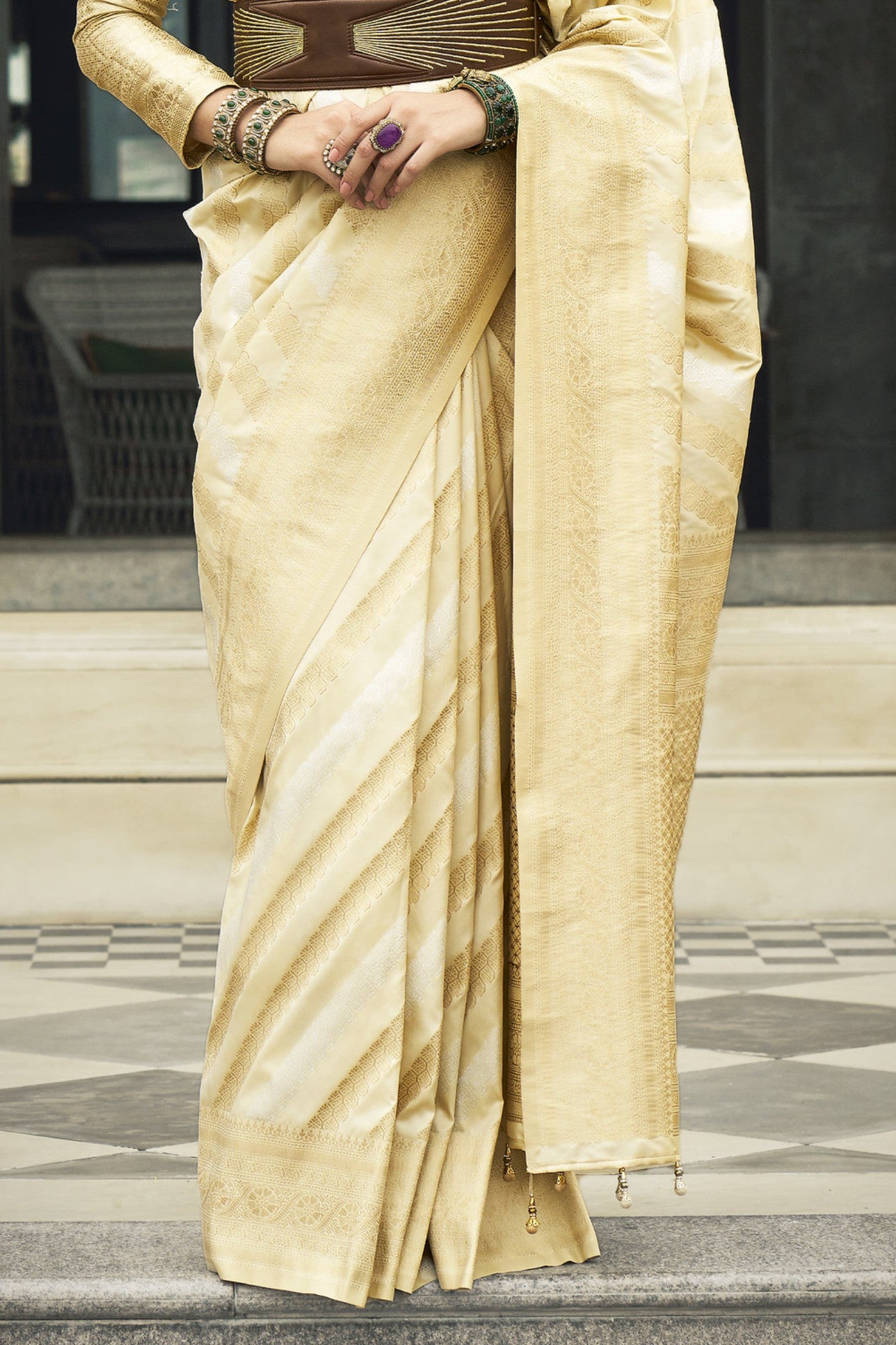 Buy MySilkLove Hampton Cream Woven Banarasi Saree Online