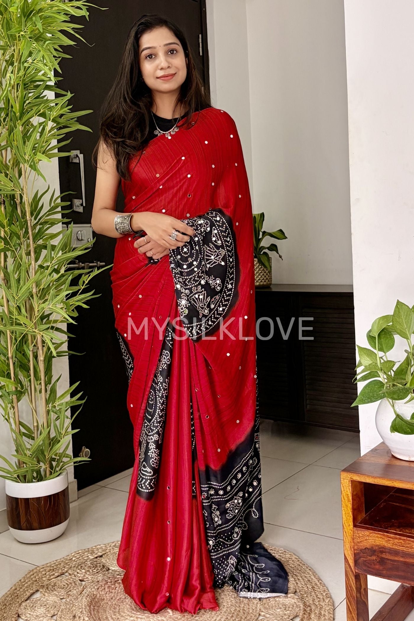 Buy MySilkLove Ruby Red and Black Gaji Bandej Satin Soft Silk Saree Online