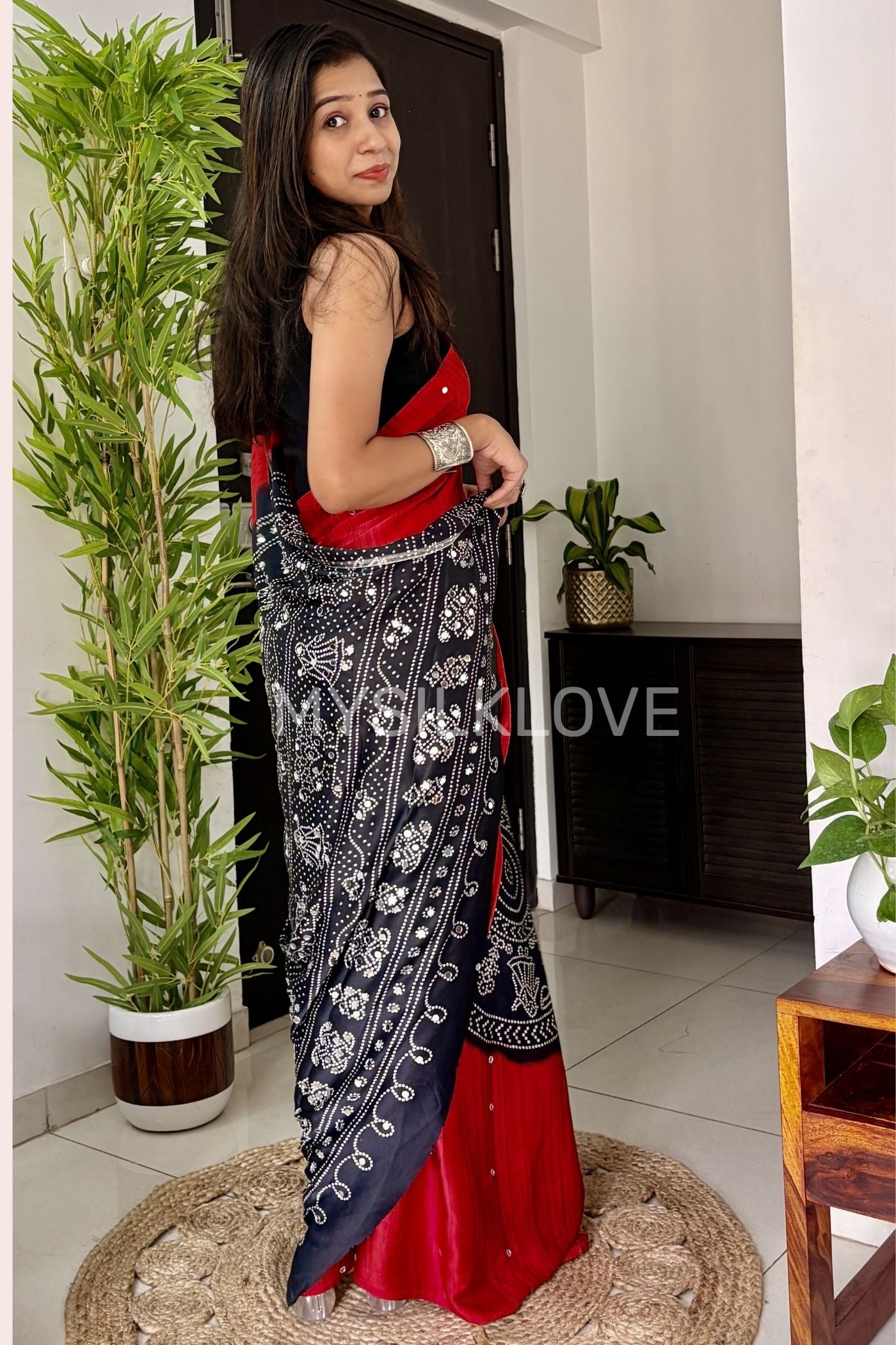 Buy MySilkLove Ruby Red and Black Gaji Bandej Satin Soft Silk Saree Online