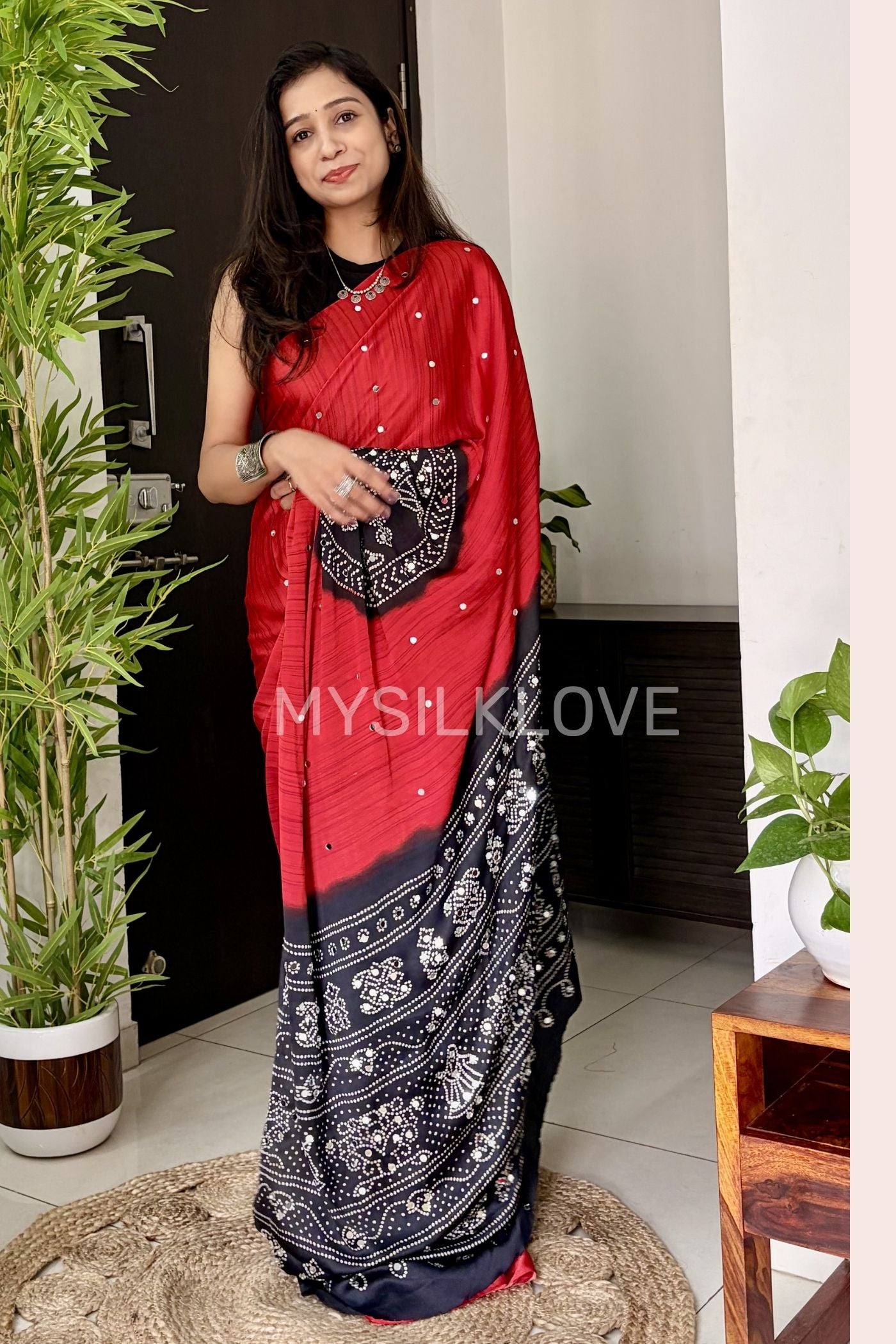 Buy MySilkLove Ruby Red and Black Gaji Bandej Satin Soft Silk Saree Online