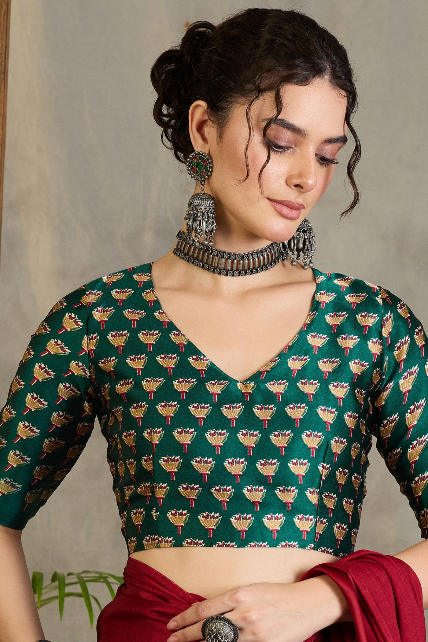 Buy MySilkLove Fire Red and Green Ajrakh Printed Satin Crepe Silk Saree Online