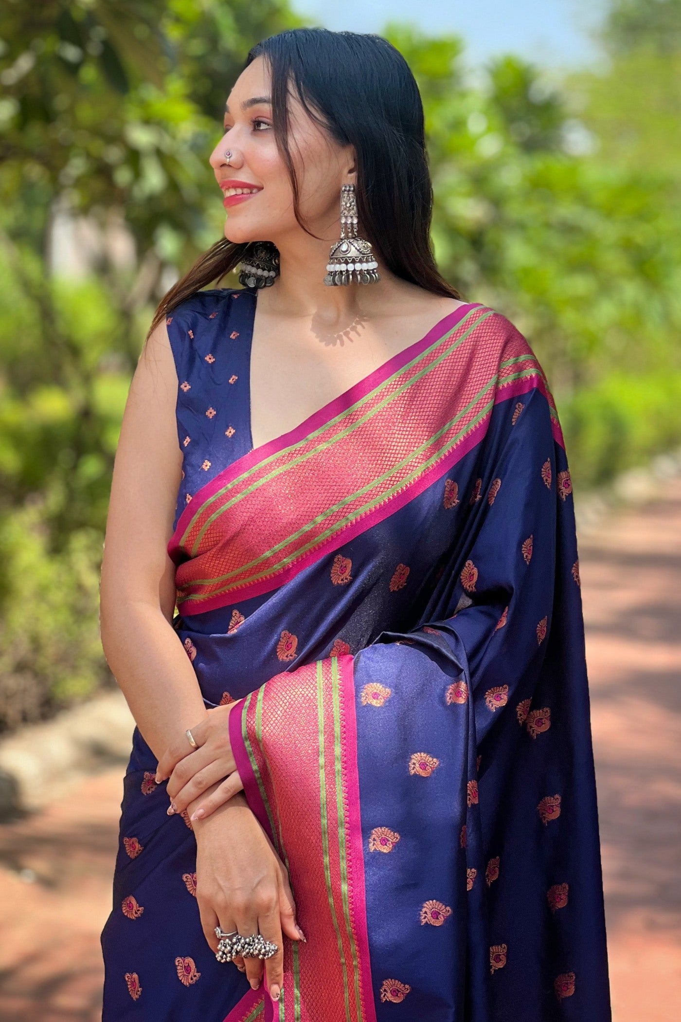 MySilkLove Navy Blue Woven Paithani Saree