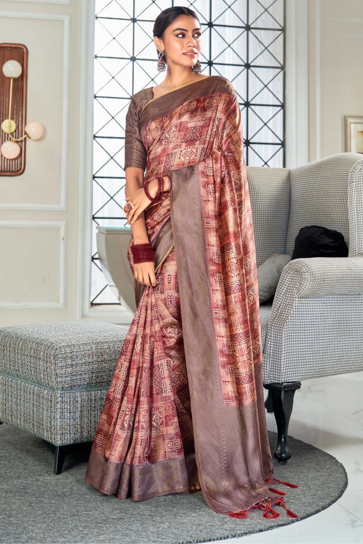 Buy MySilkLove Copper Penny Brown Digital Printed Banarasi Saree Online