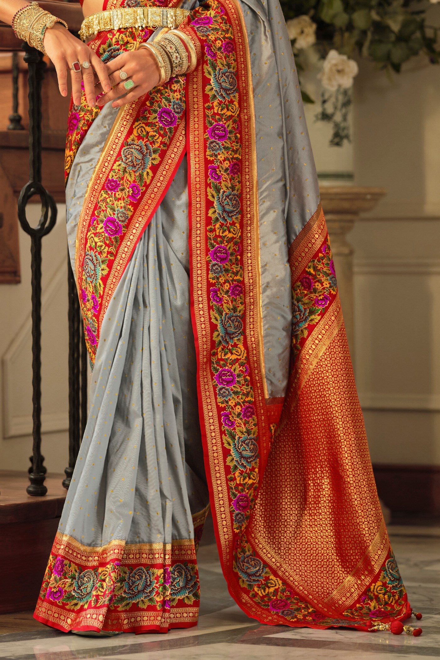 Buy MySilkLove Natural Grey Printed Banarasi Saree Online