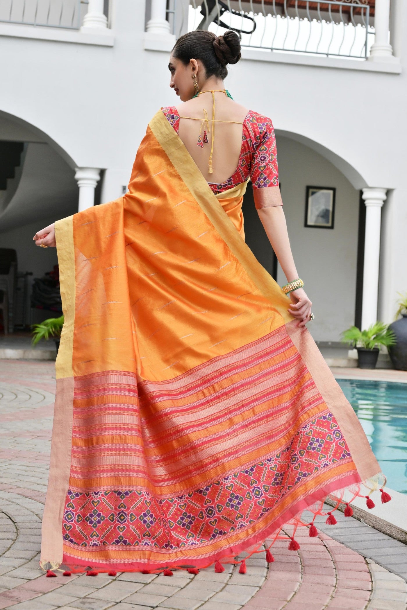 Buy MySilkLove Tiger Orange Meenakari Woven Patola Saree Online