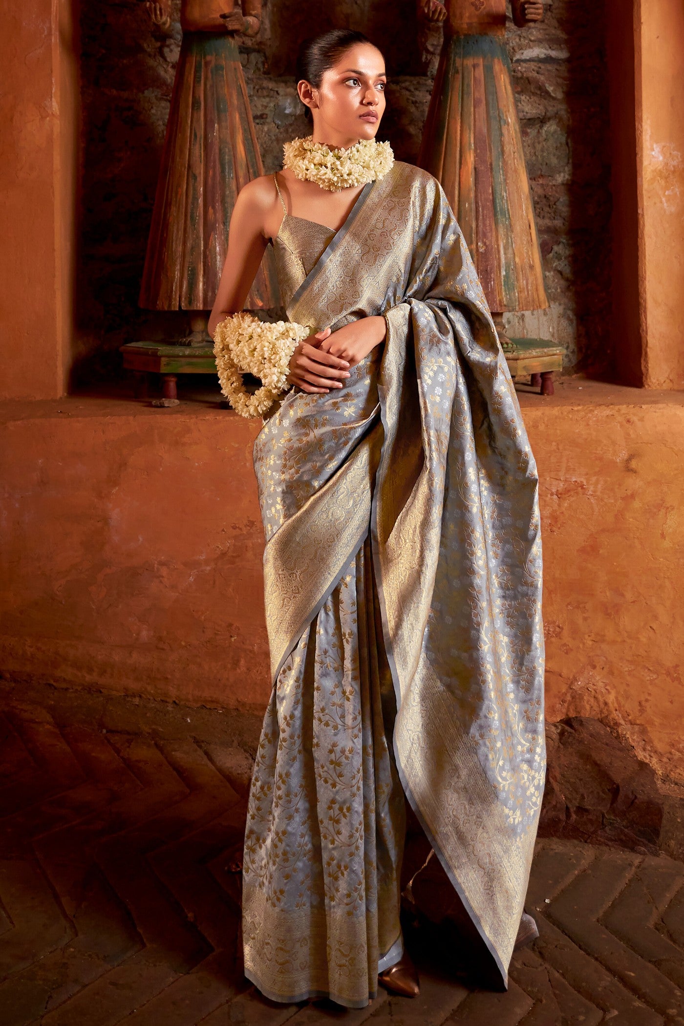 Buy MySilkLove Squirrel Grey Woven Banarasi Saree Online