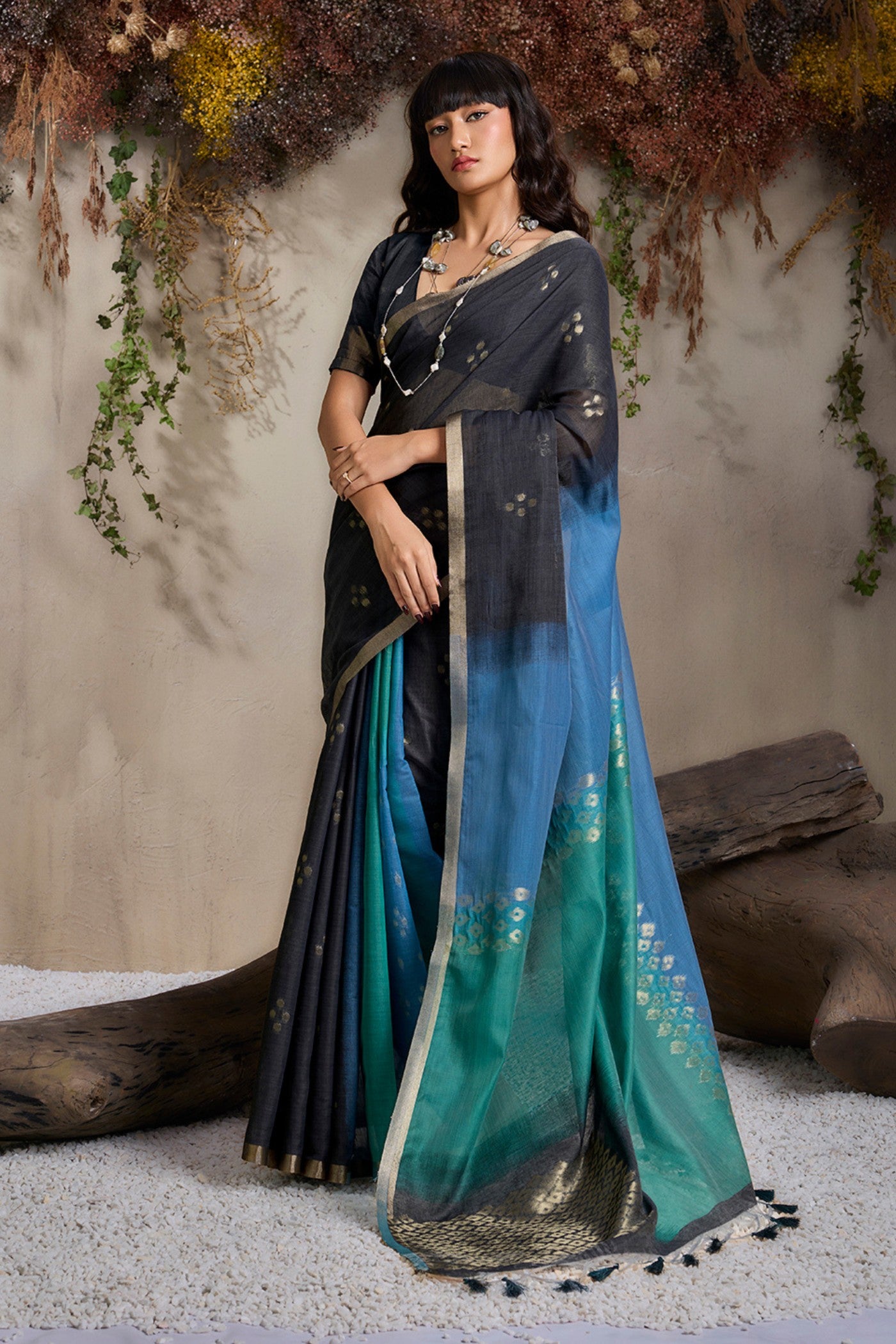 Buy MySilkLove Phantom Black and Blue Handloom Cotton Saree Online